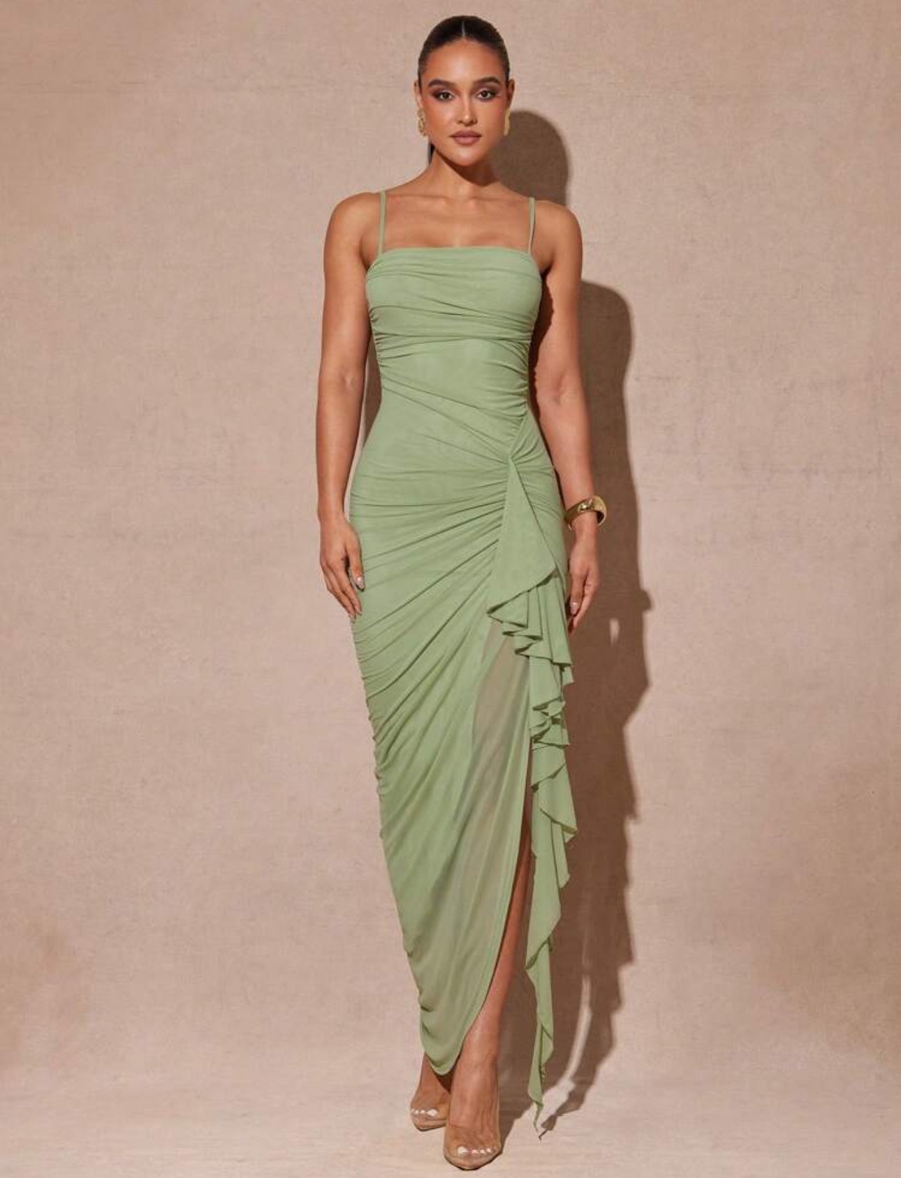 Sage Cascade Ruched Dress