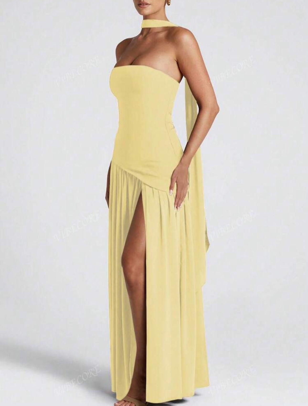 Yellow Strapless Slit Gown
