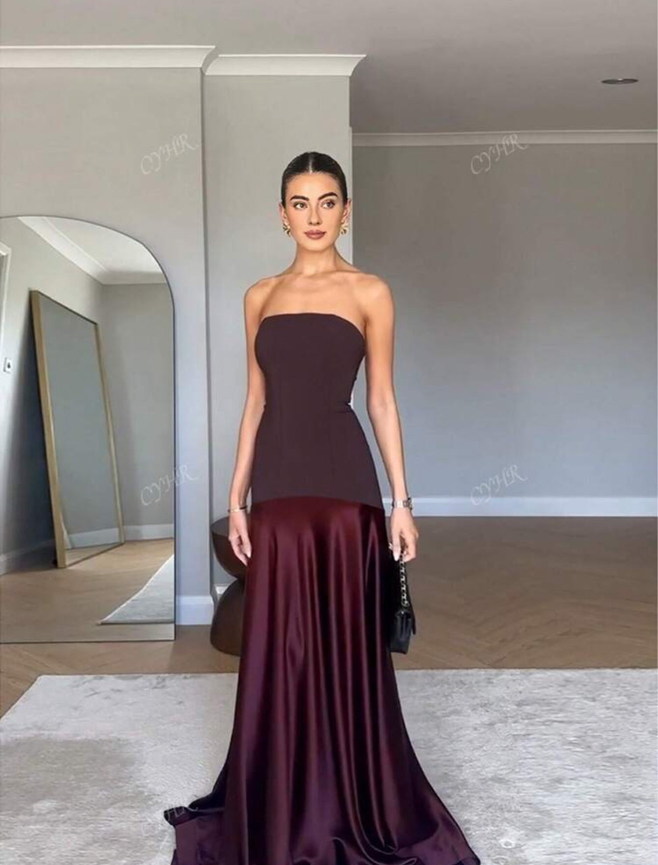 Wine Satin Strapless Mermaid Gown