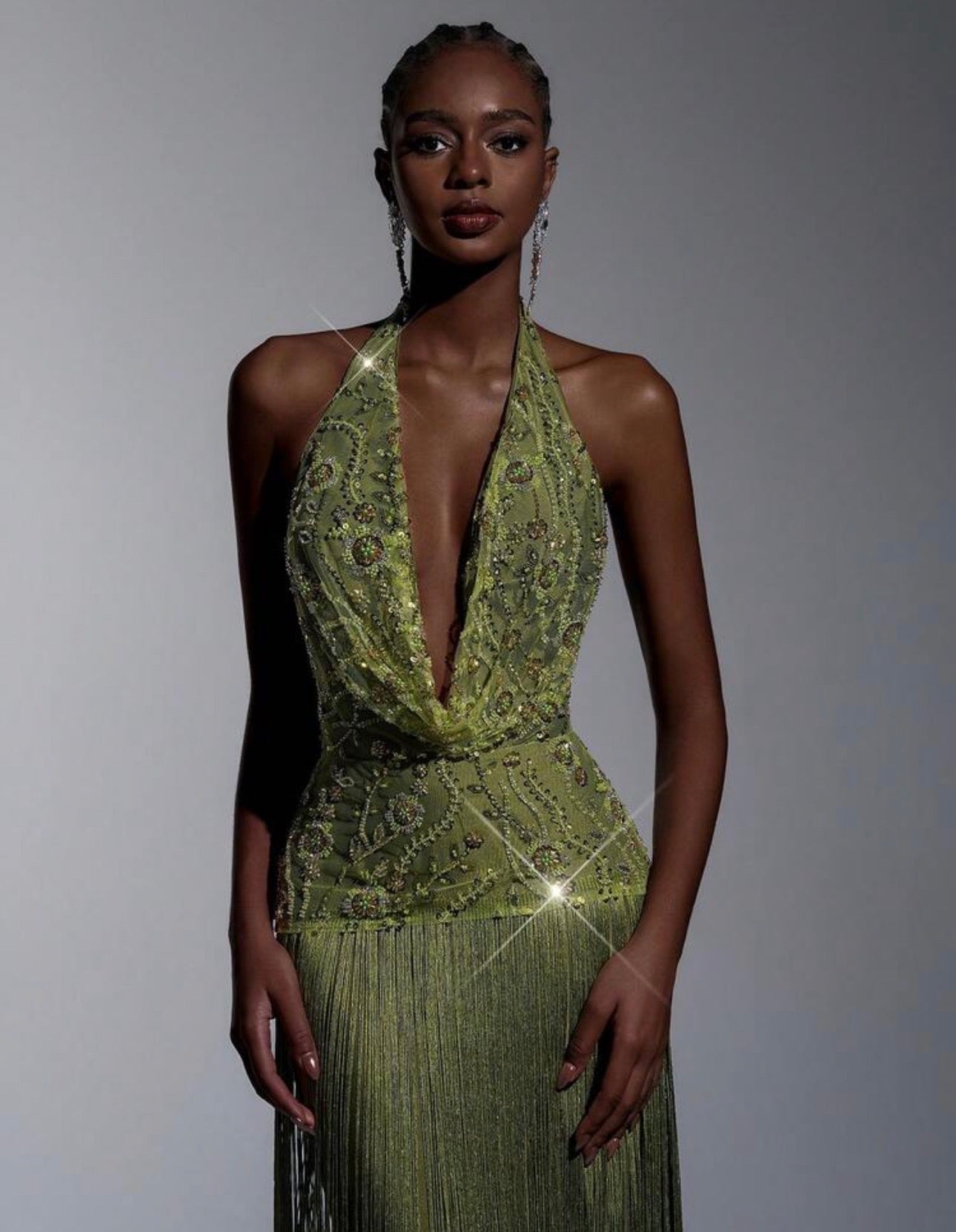Verdant Étoile Fringe Gown