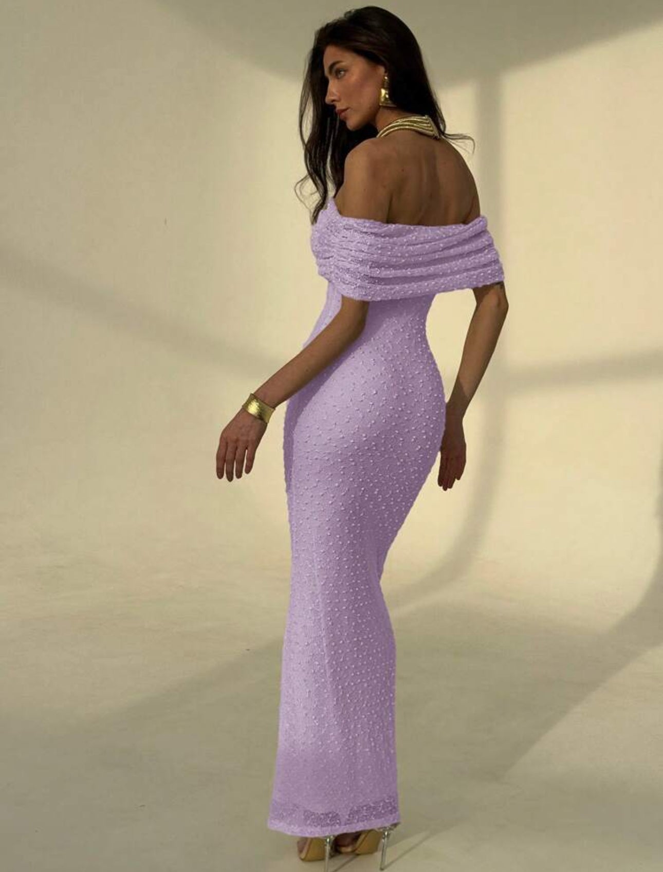 Lavender Pearl Off-Shoulder Gown