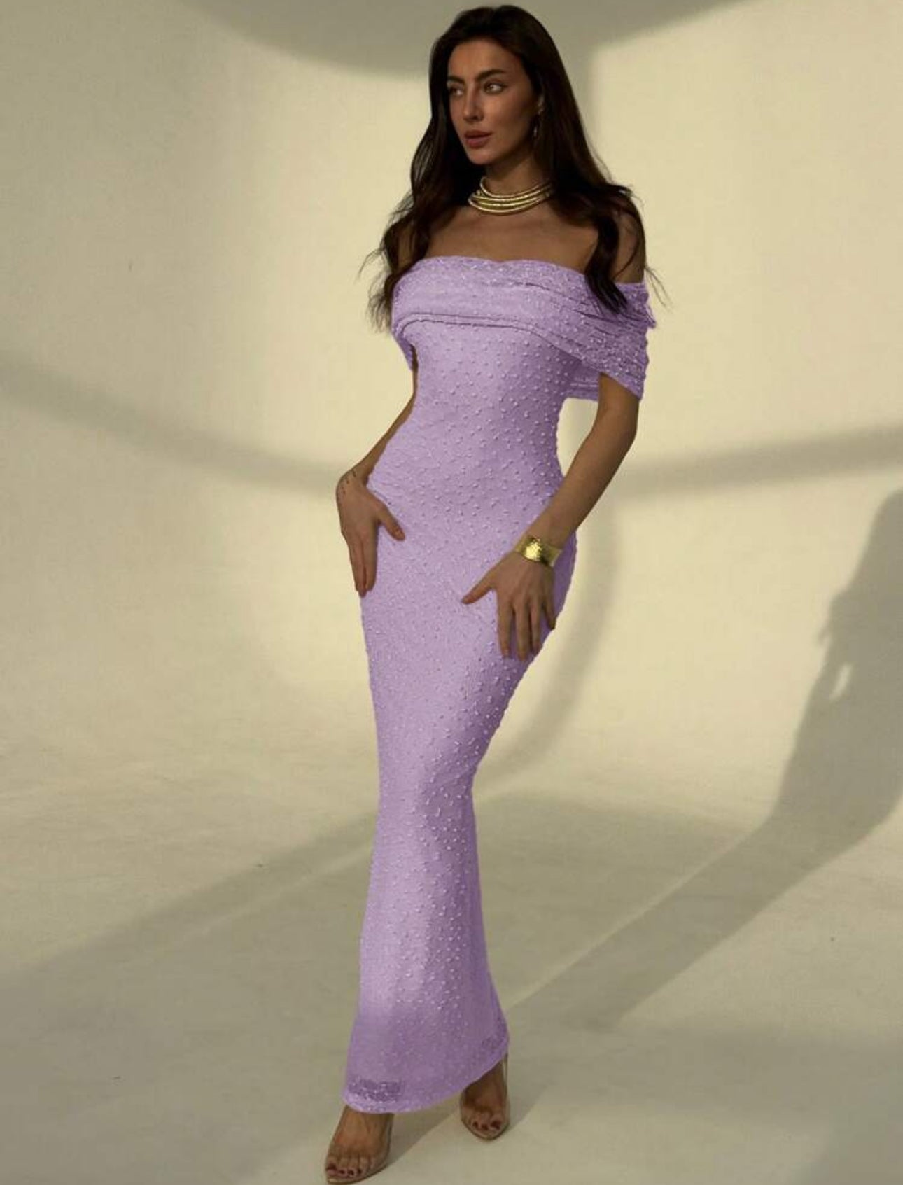 Lavender Pearl Off-Shoulder Gown