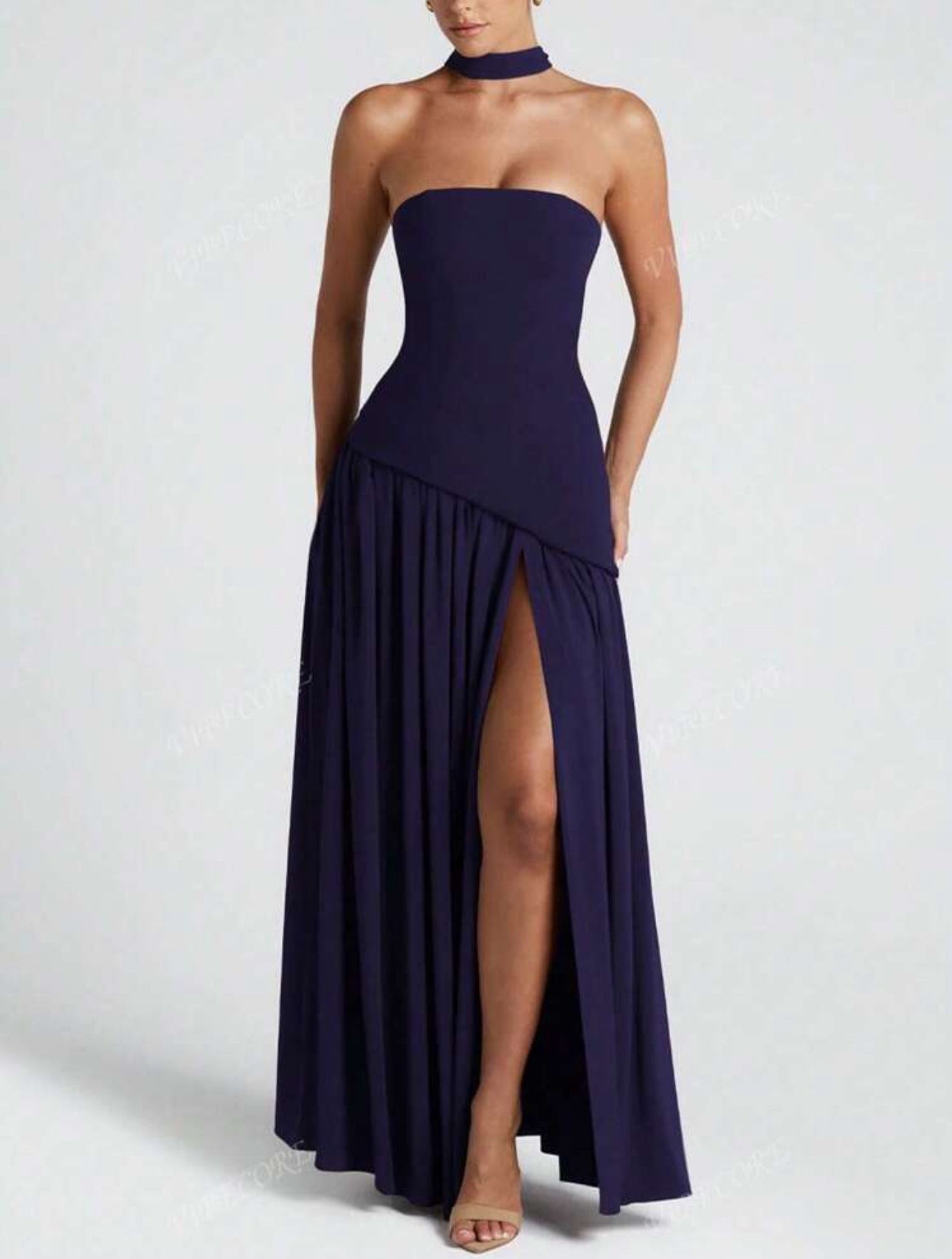 Midnight Strapless Slit Gown