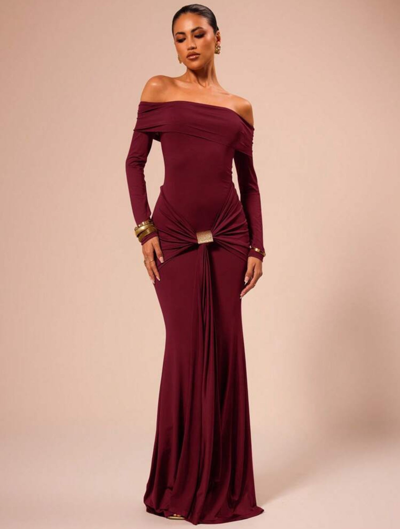 Garnet Knot Detail Off-Shoulder Gown