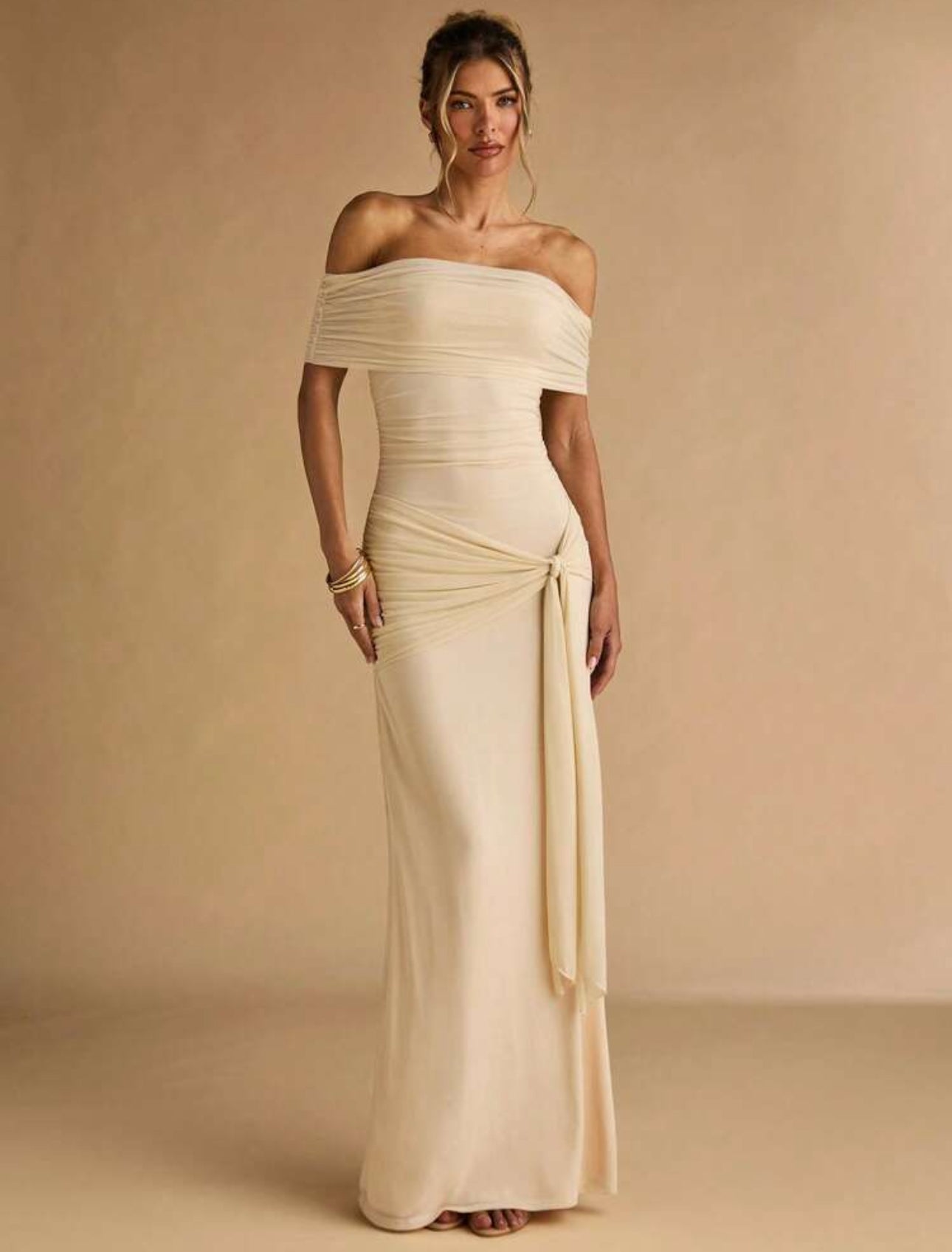 Champagne Draped Off-Shoulder Gown