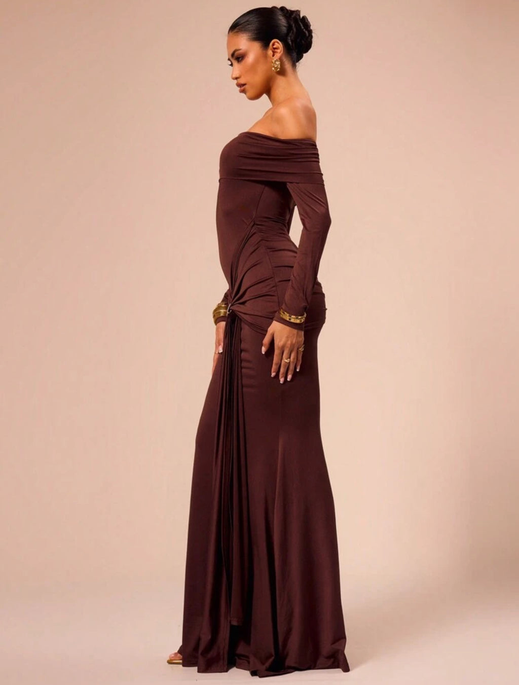 Mocha Knot Detail Off-Shoulder Gown
