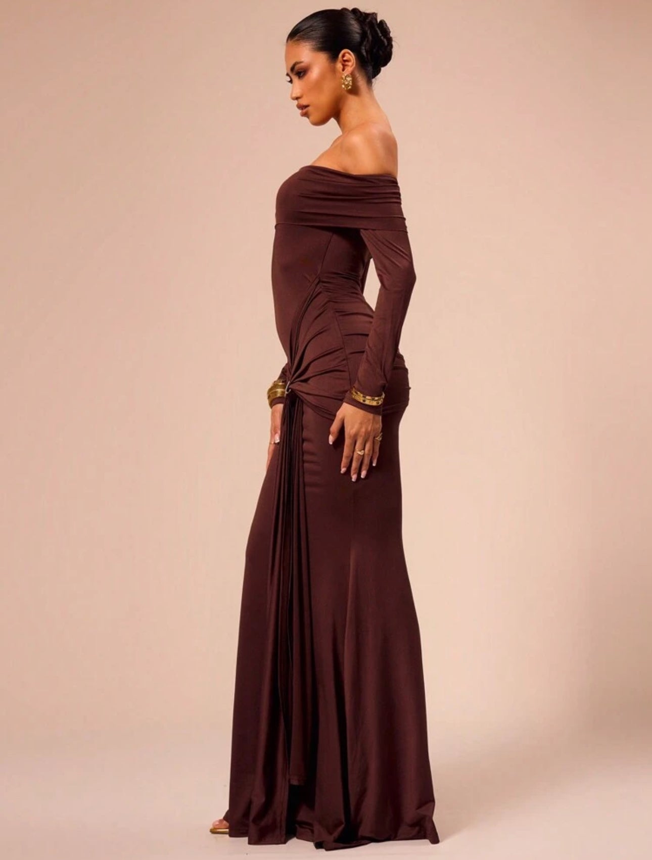 Mocha Knot Detail Off-Shoulder Gown