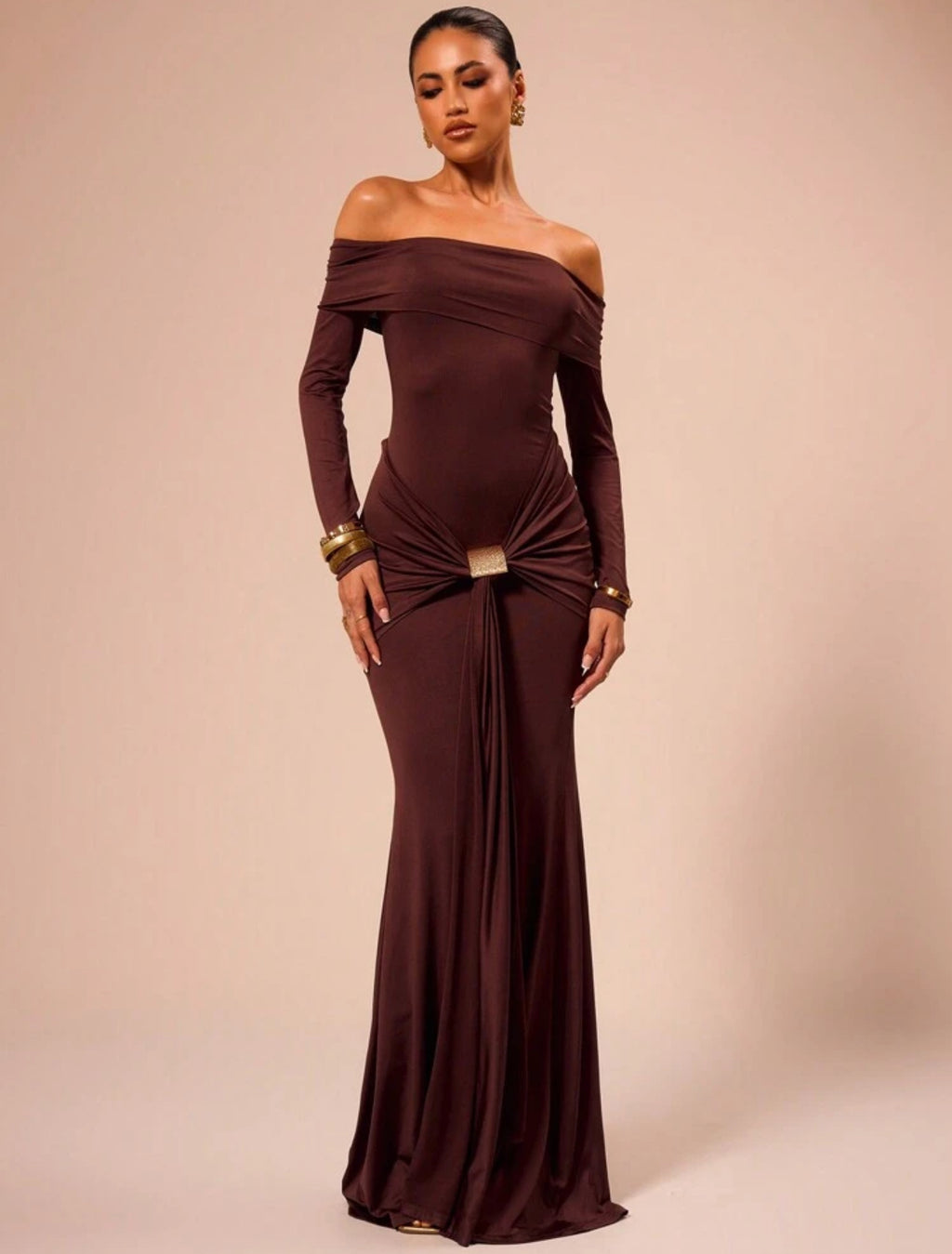 Mocha Knot Detail Off-Shoulder Gown