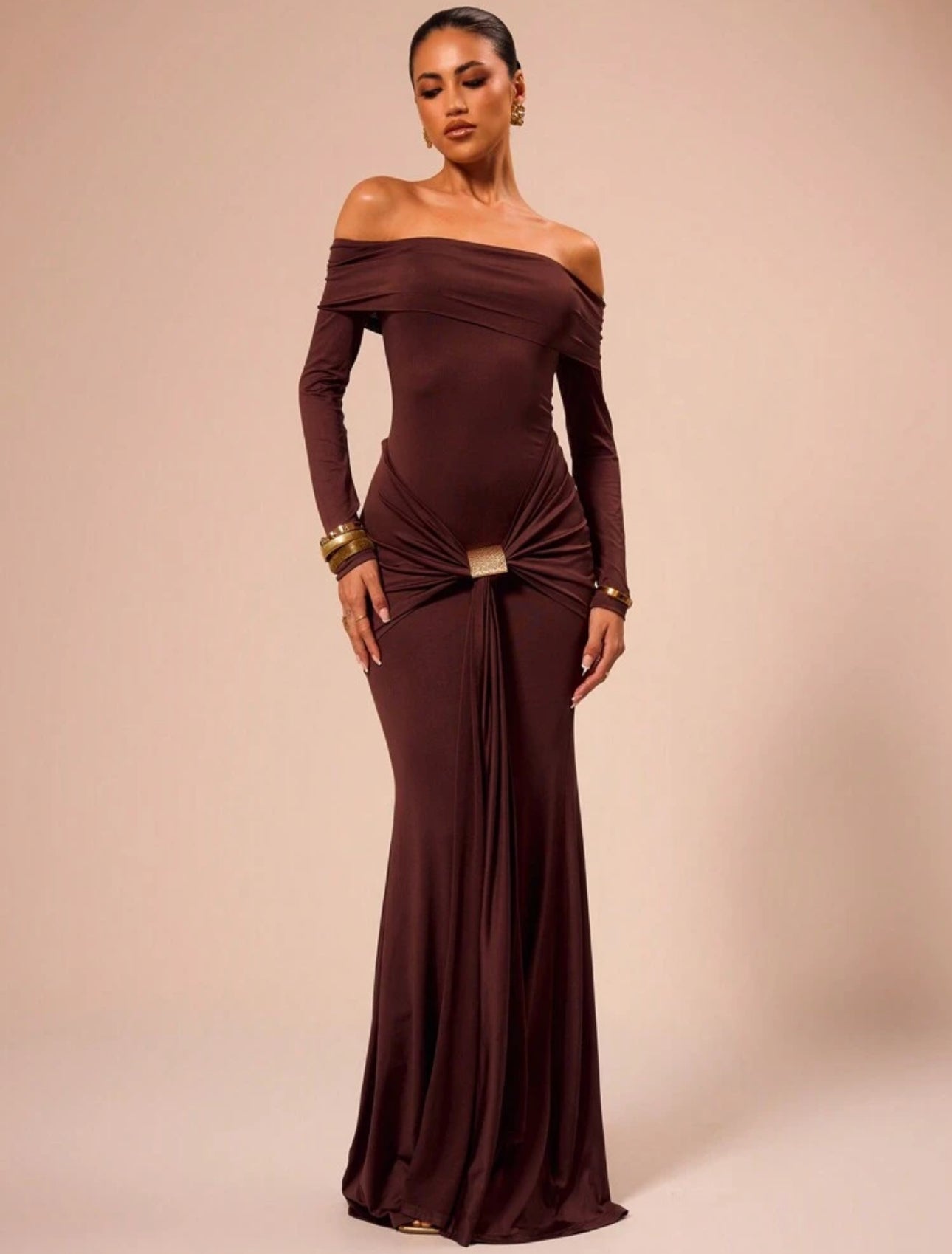 Mocha Knot Detail Off-Shoulder Gown