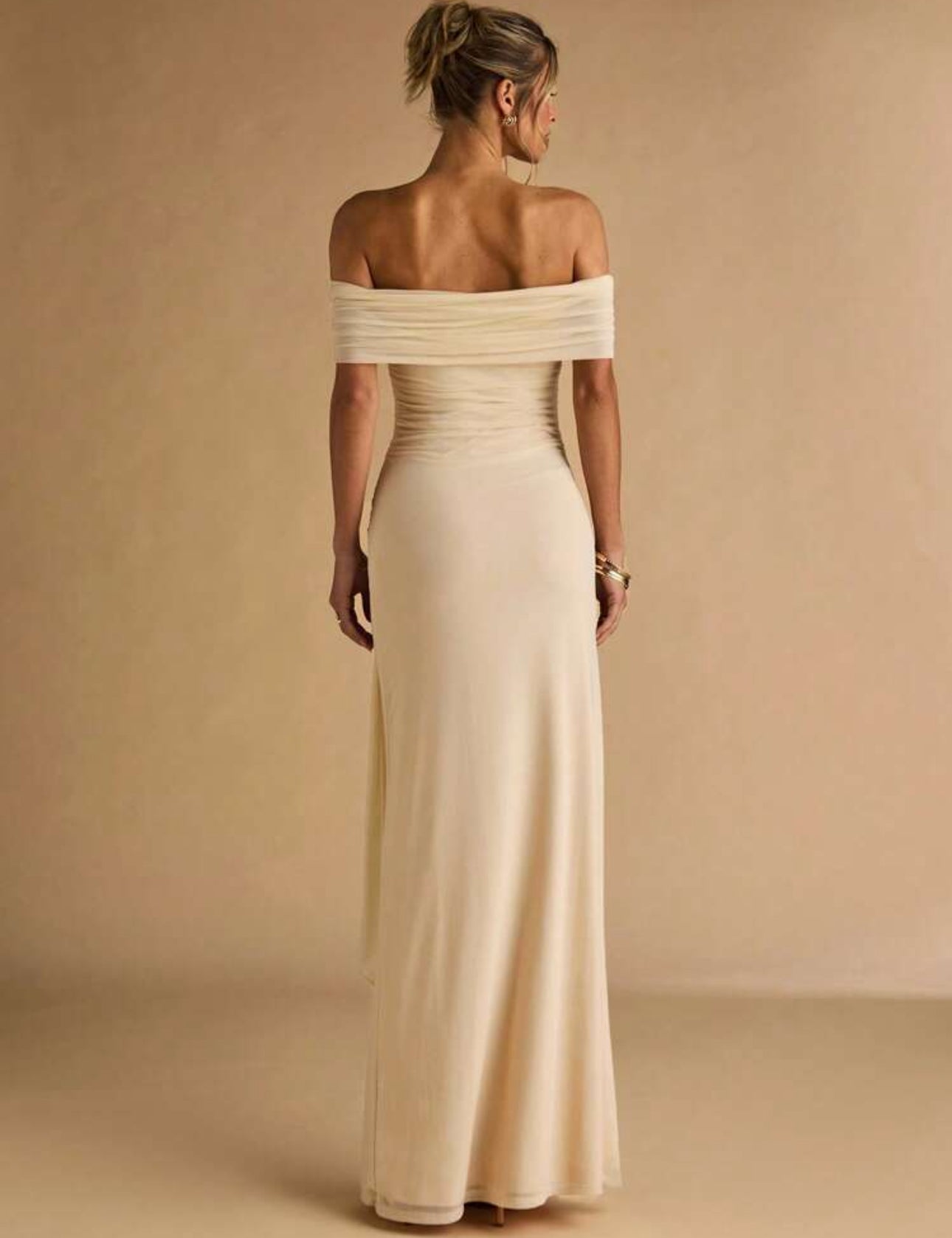 Champagne Draped Off-Shoulder Gown