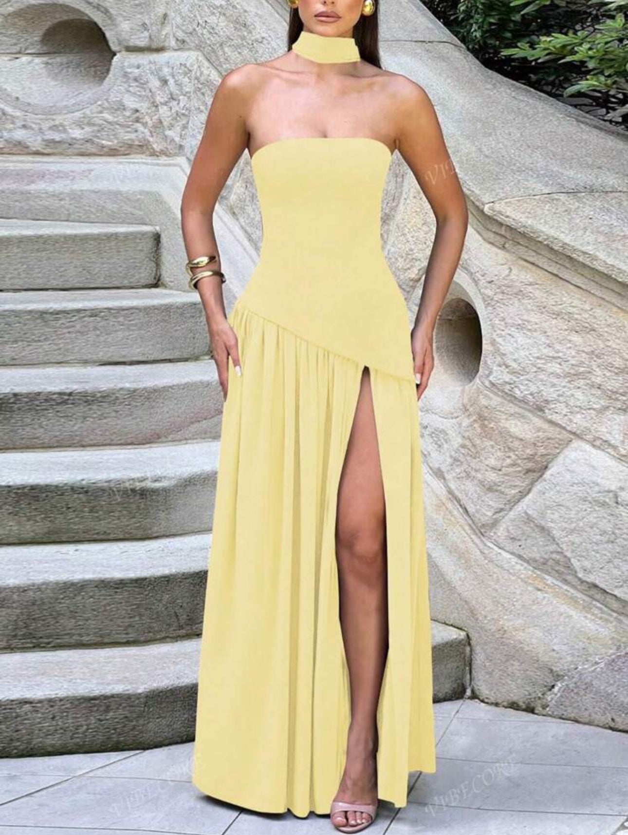 Yellow Strapless Slit Gown