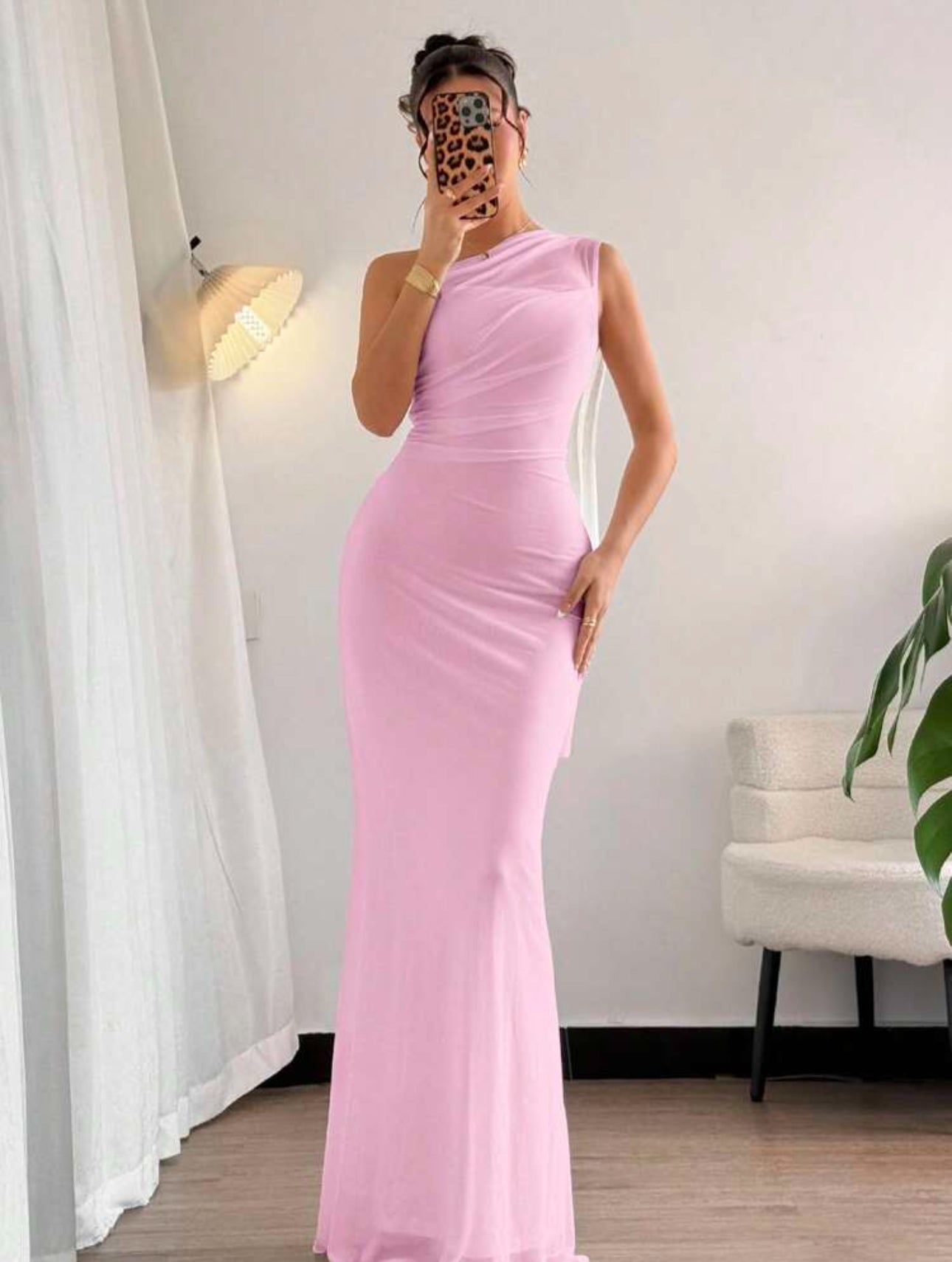 Rosé One-Shoulder Draped Gown