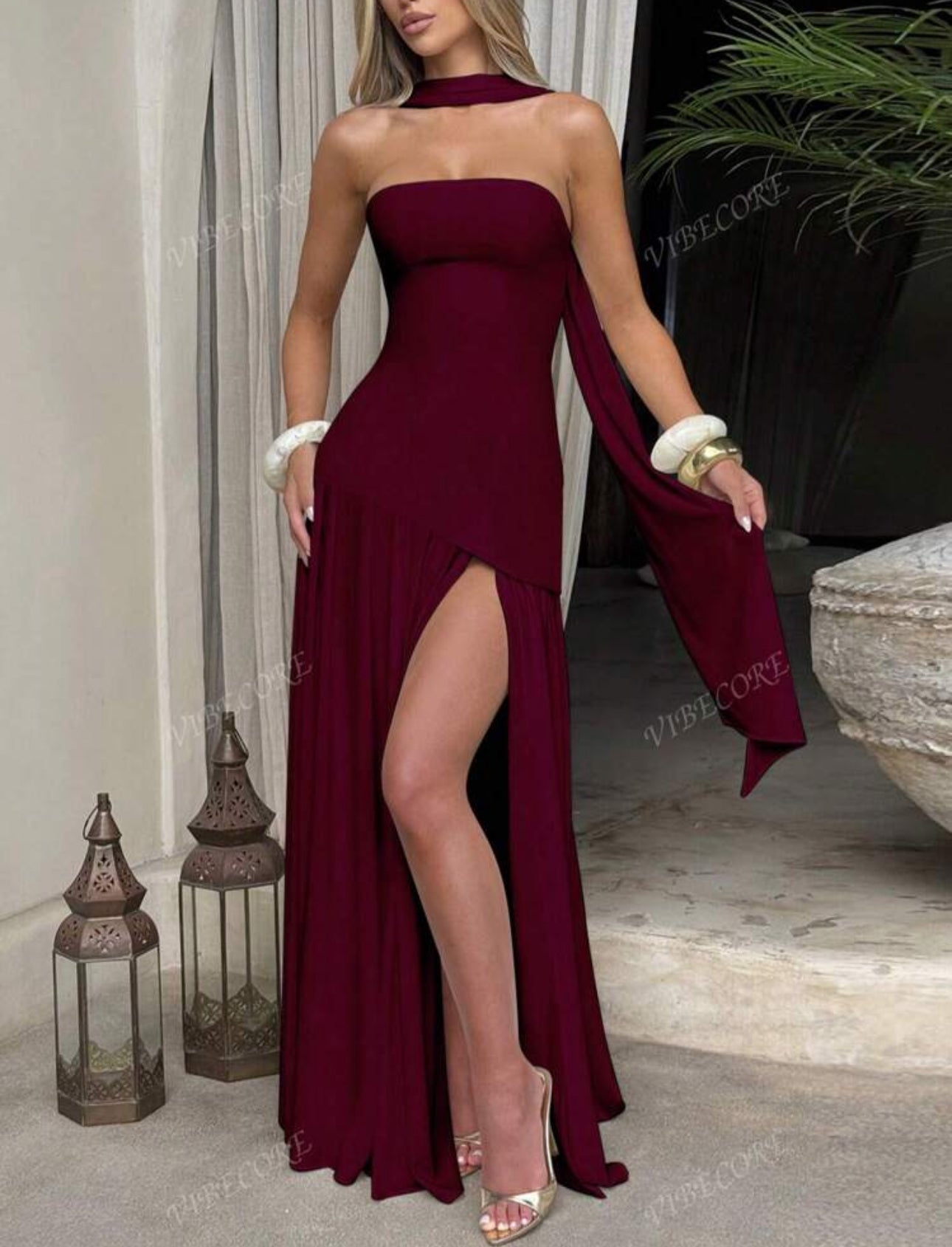 Wine Asymmetrical Scarf Gown