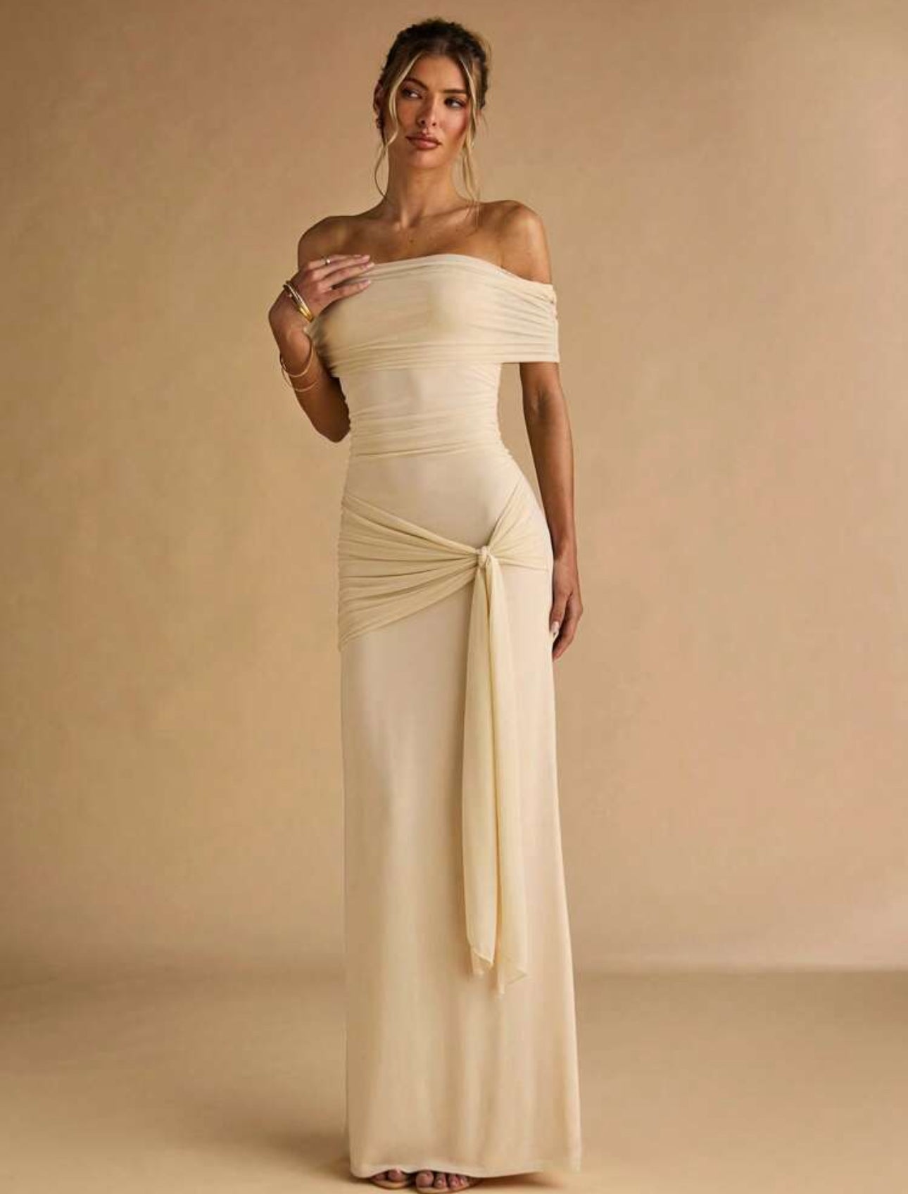 Champagne Draped Off-Shoulder Gown