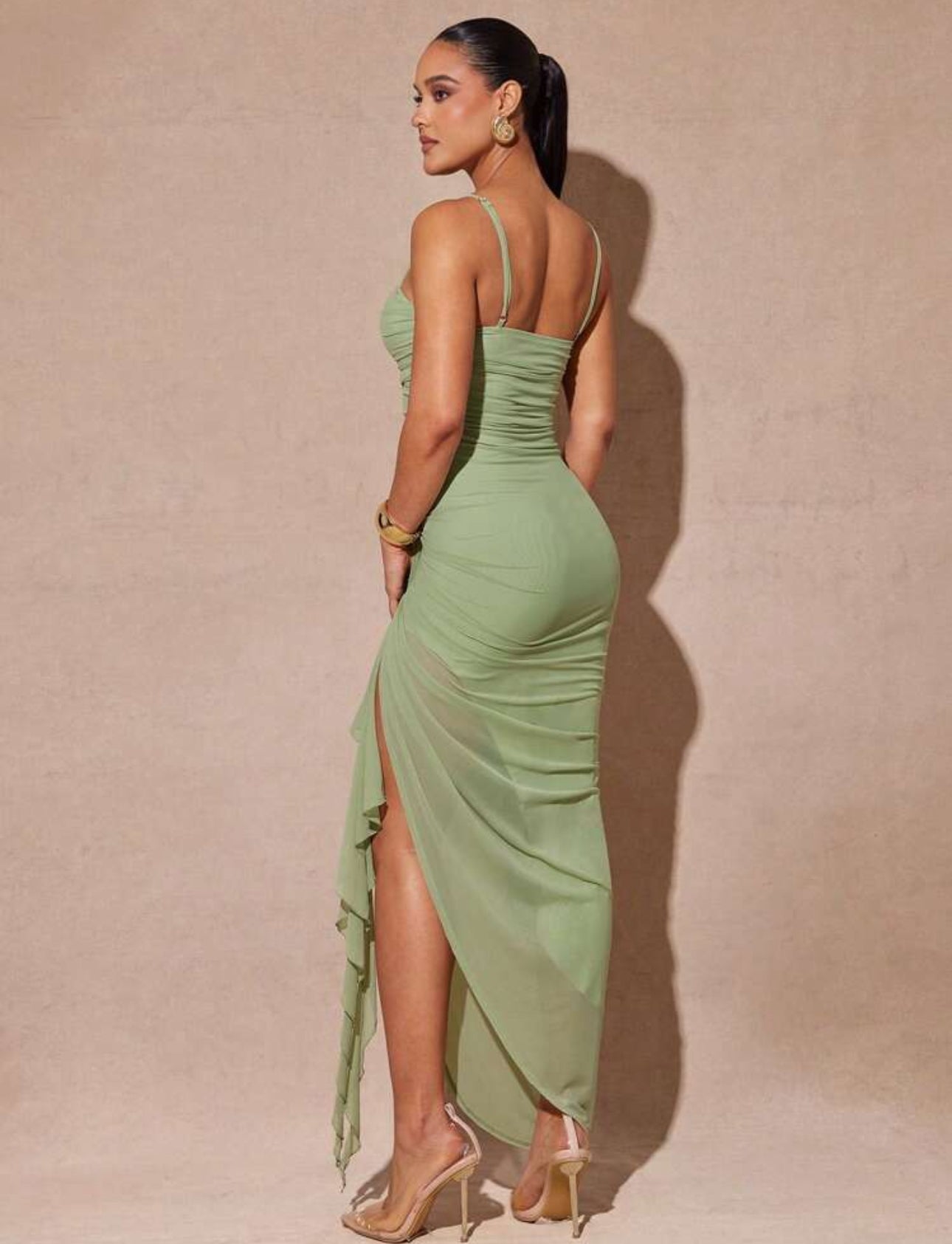Sage Cascade Ruched Dress