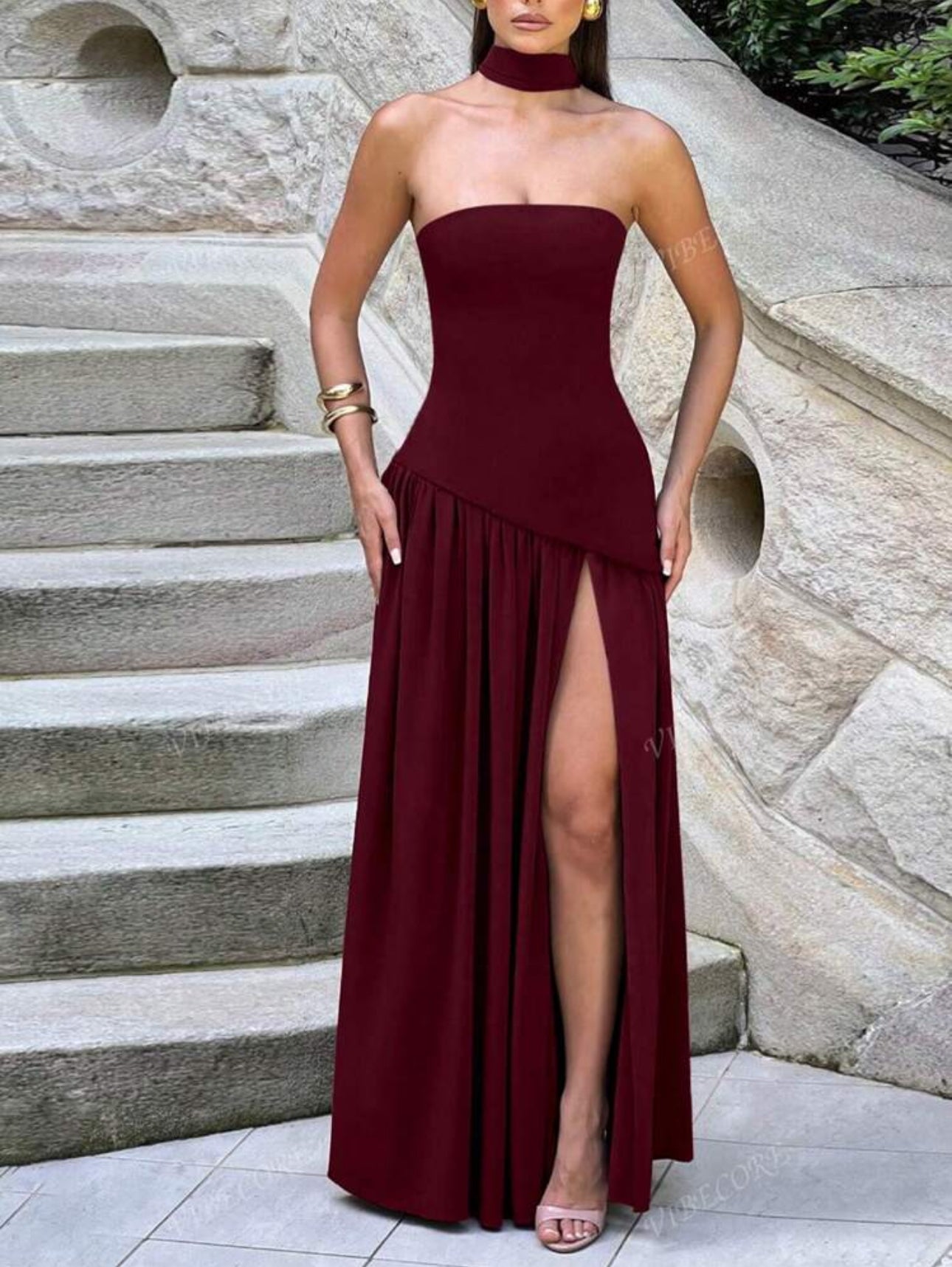 Wine Asymmetrical Scarf Gown