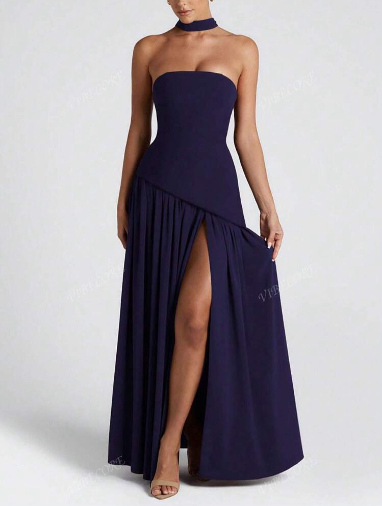 Midnight Strapless Slit Gown