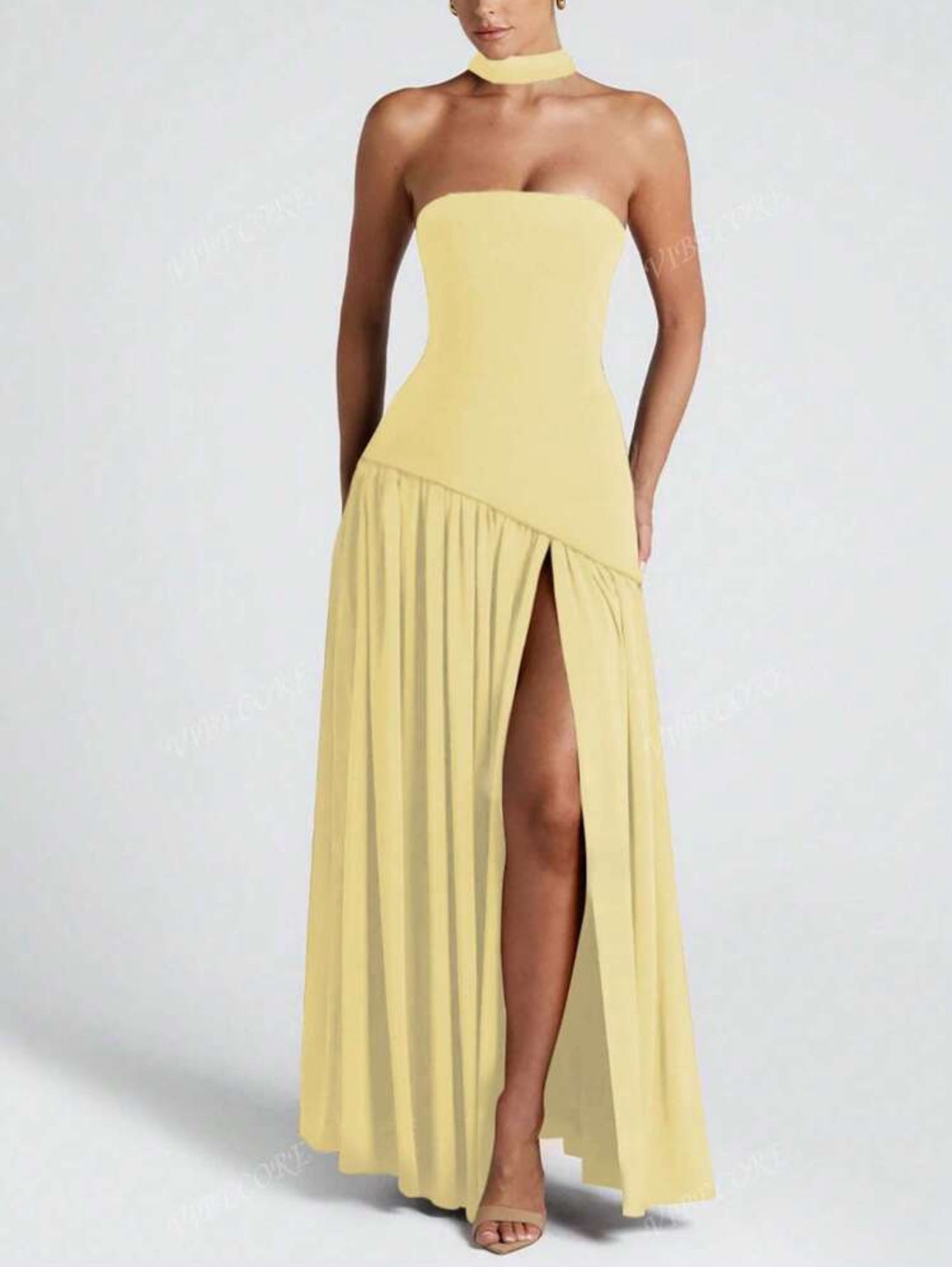 Yellow Strapless Slit Gown