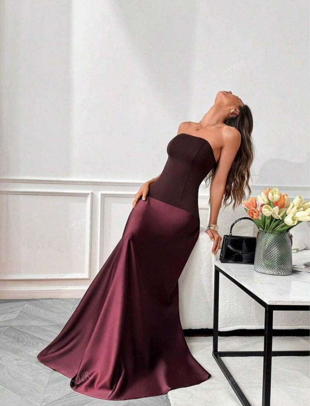 Wine Satin Strapless Mermaid Gown