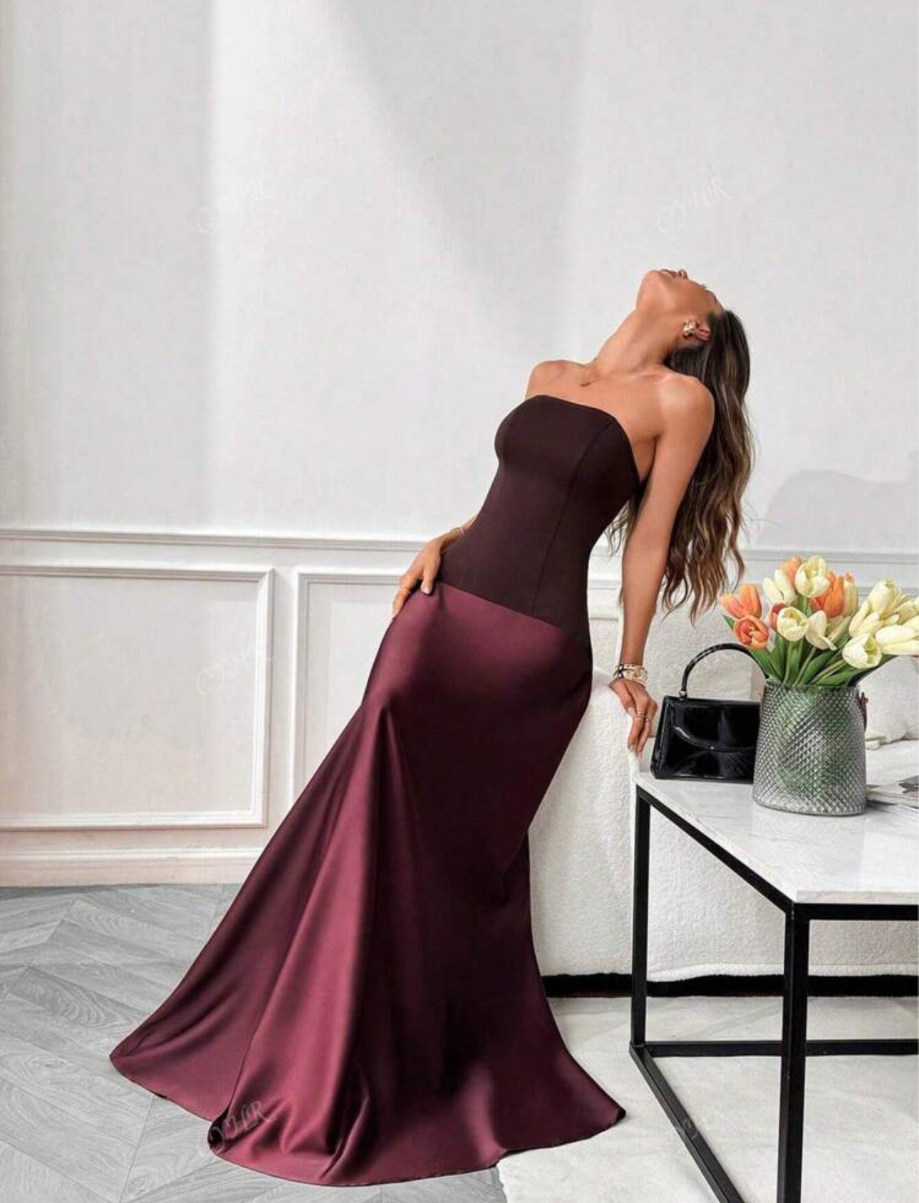 Wine Satin Strapless Mermaid Gown