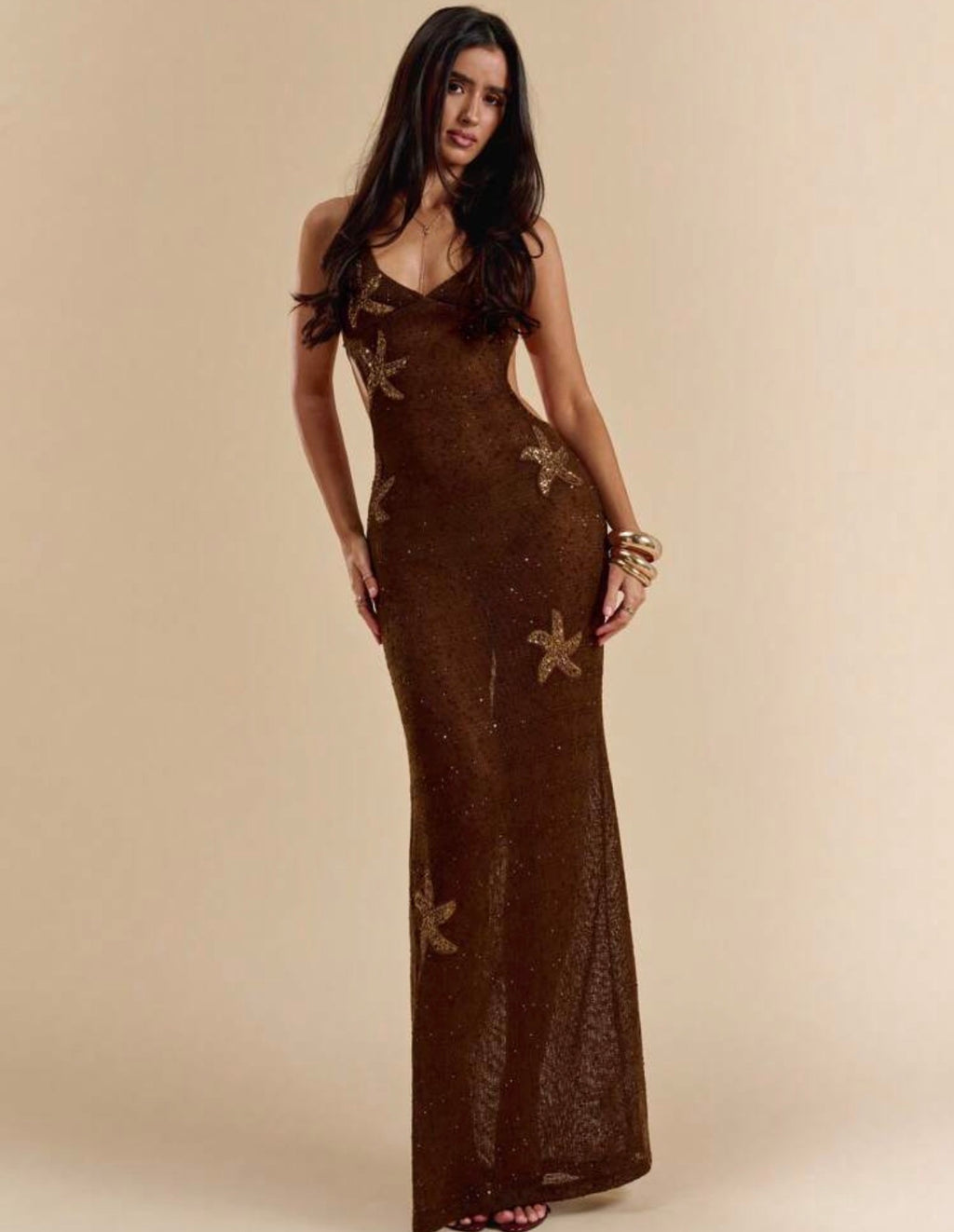 Brown Starfish Sequin Maxi Dress