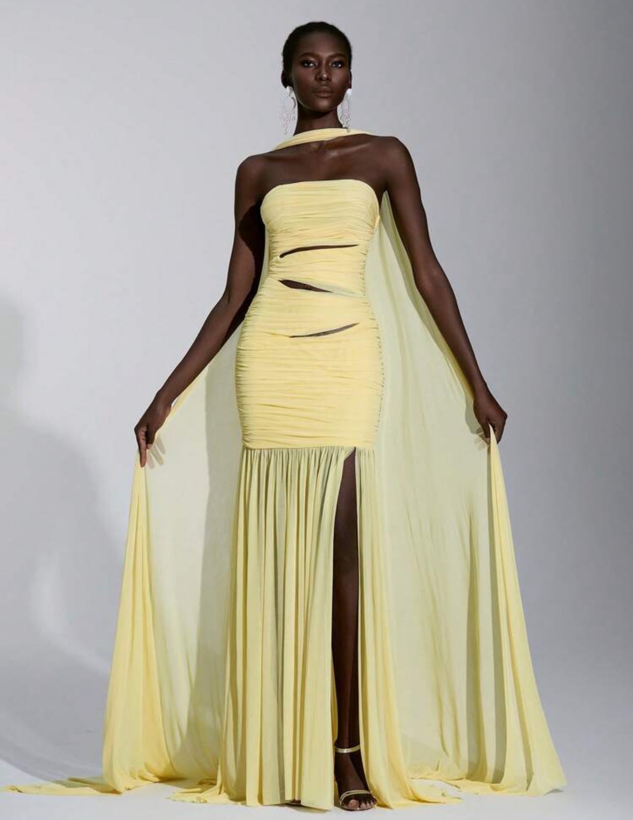 Yellow Cutout Cape Gown