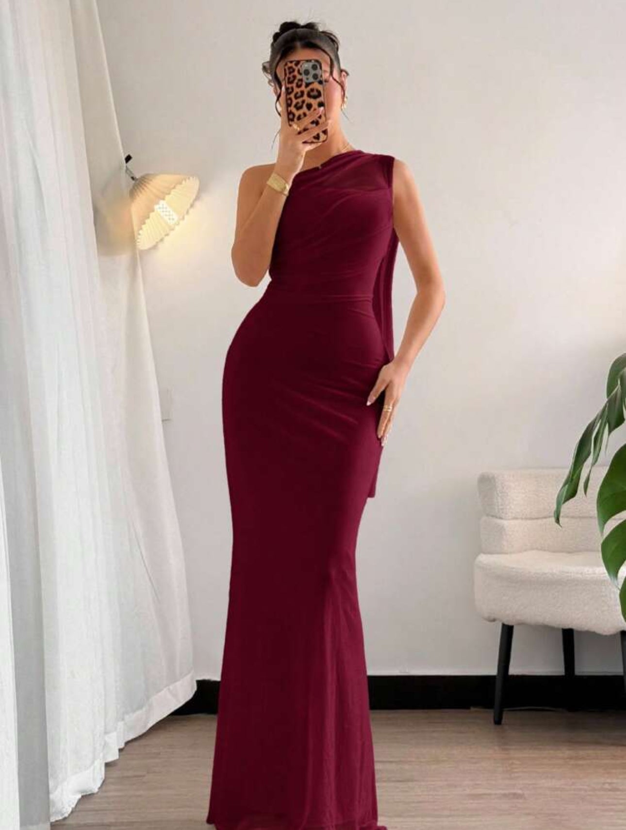 Crimson One-Shoulder Cape Gown