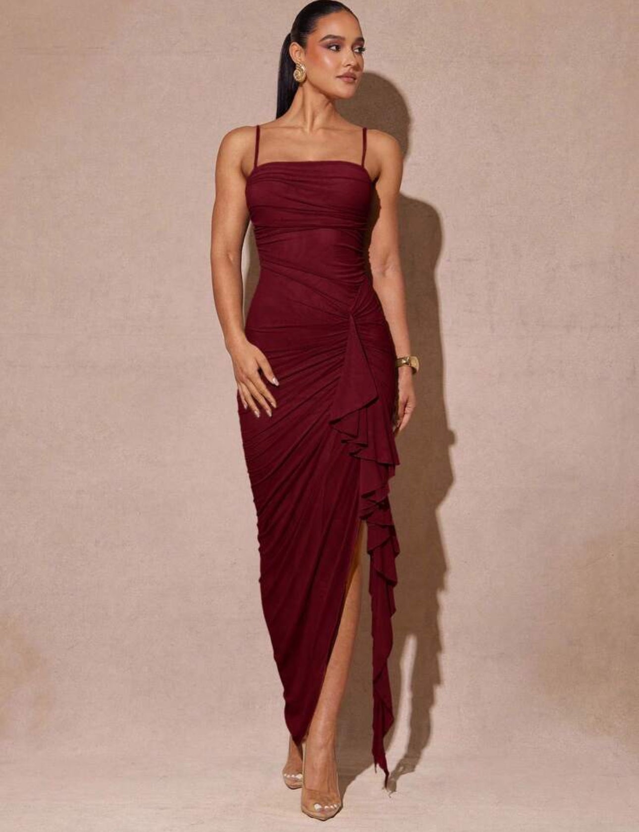 Crimson Ruffle Elegance Gown