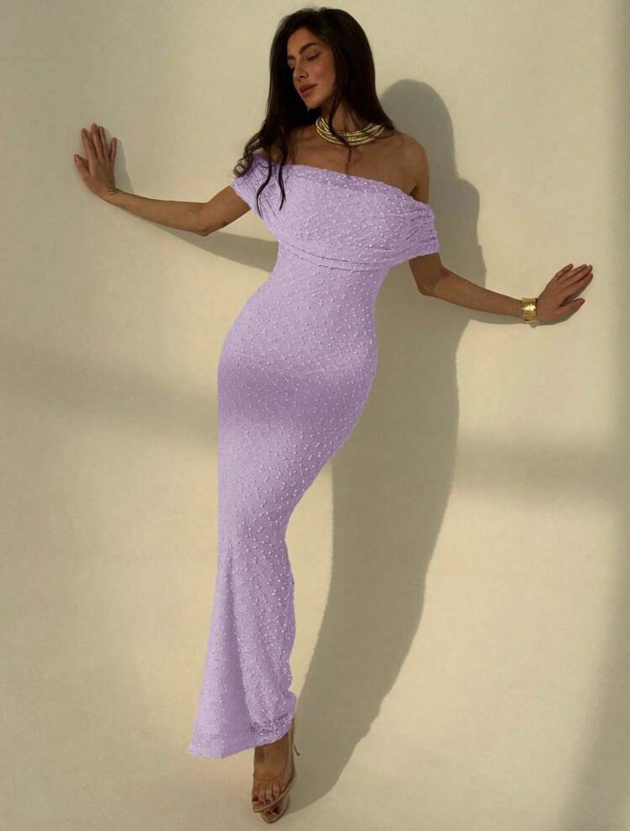 Lavender Pearl Off-Shoulder Gown