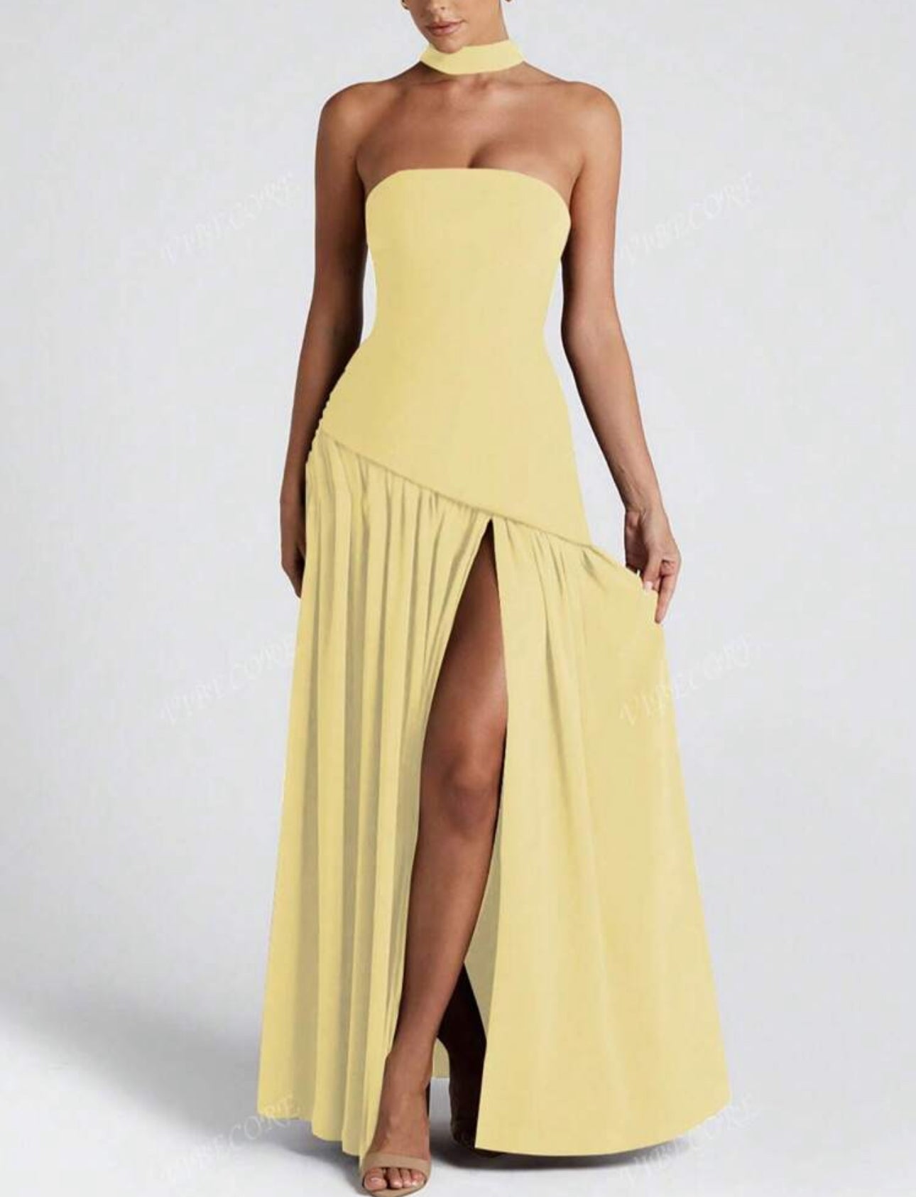 Yellow Strapless Slit Gown
