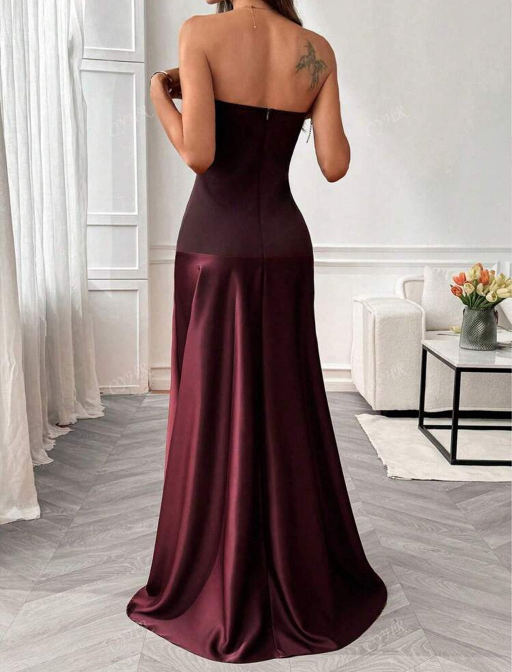 Wine Satin Strapless Mermaid Gown