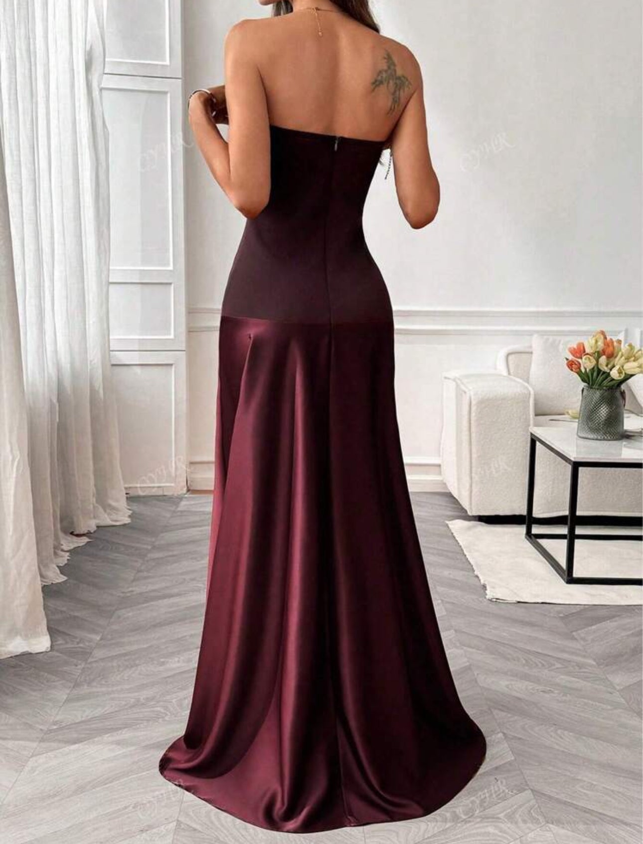Wine Satin Strapless Mermaid Gown