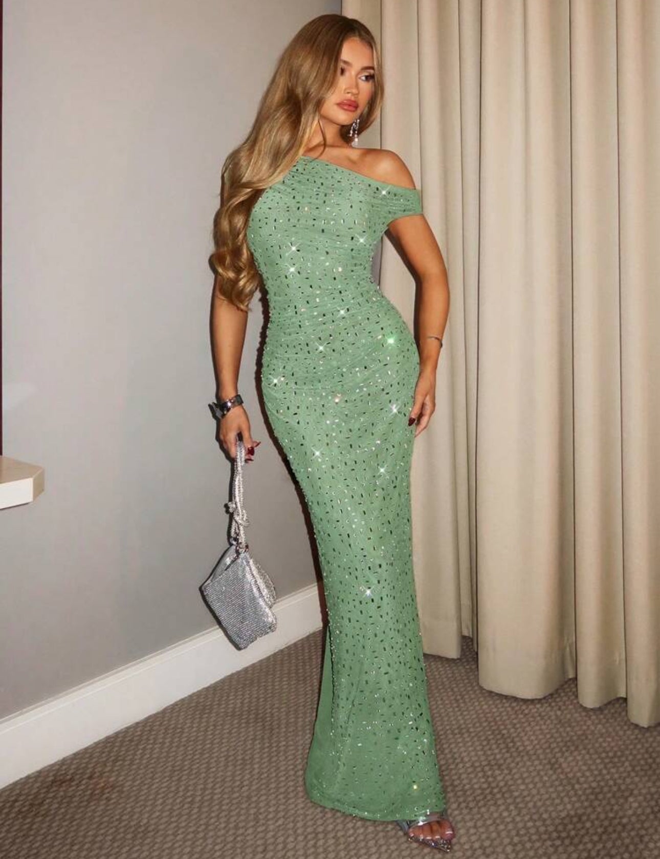 Emerald Sparkle One-Shoulder Dress
