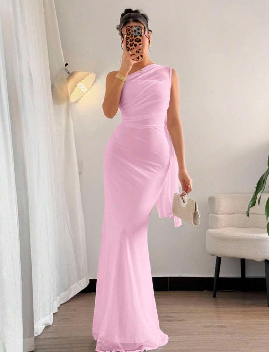 Rosé One-Shoulder Draped Gown