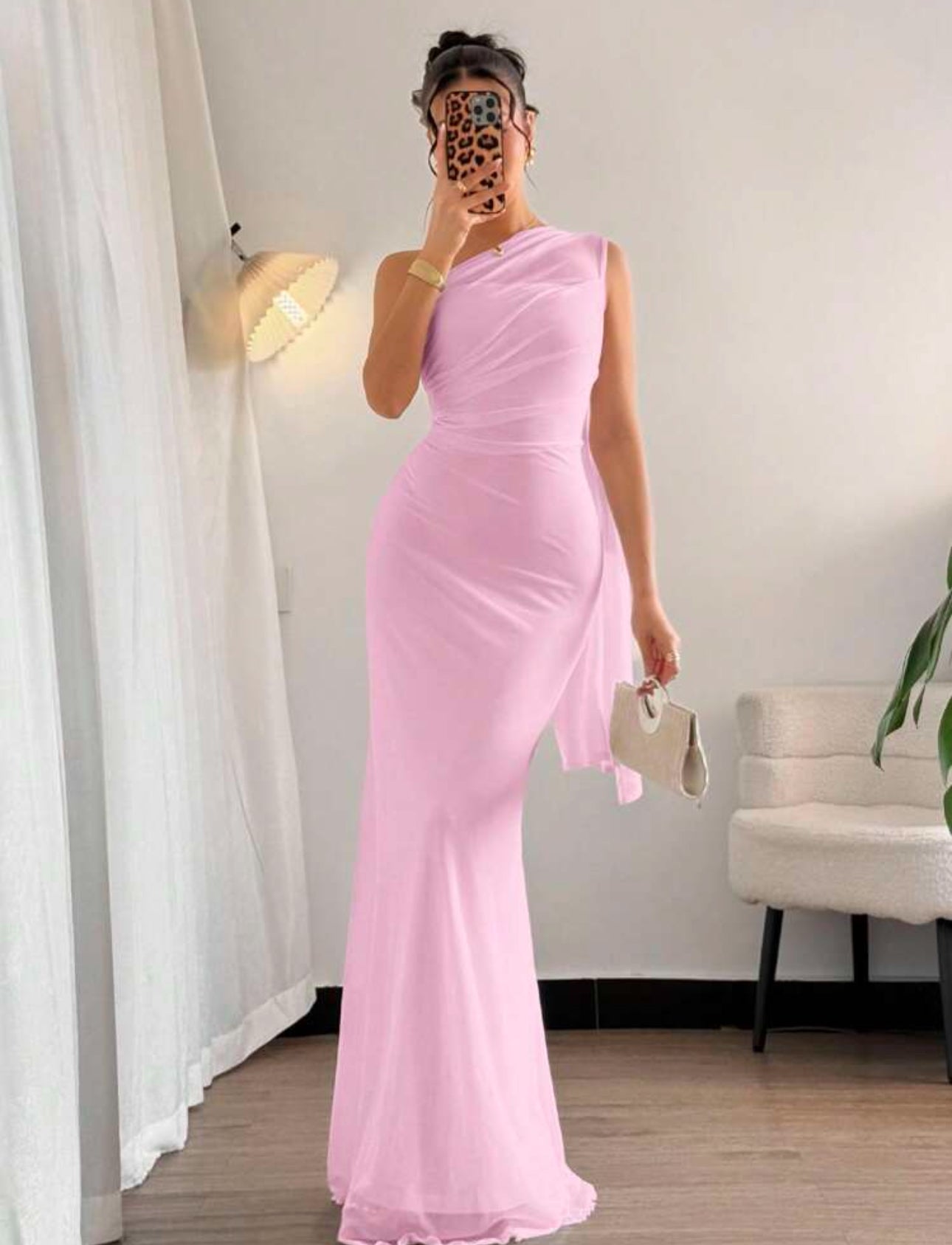 Rosé One-Shoulder Draped Gown