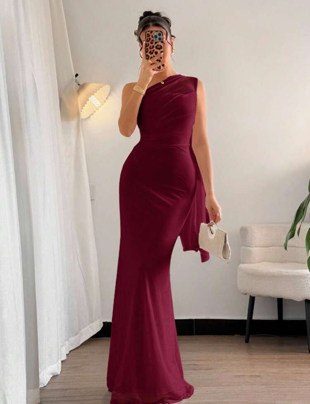 Crimson One-Shoulder Cape Gown