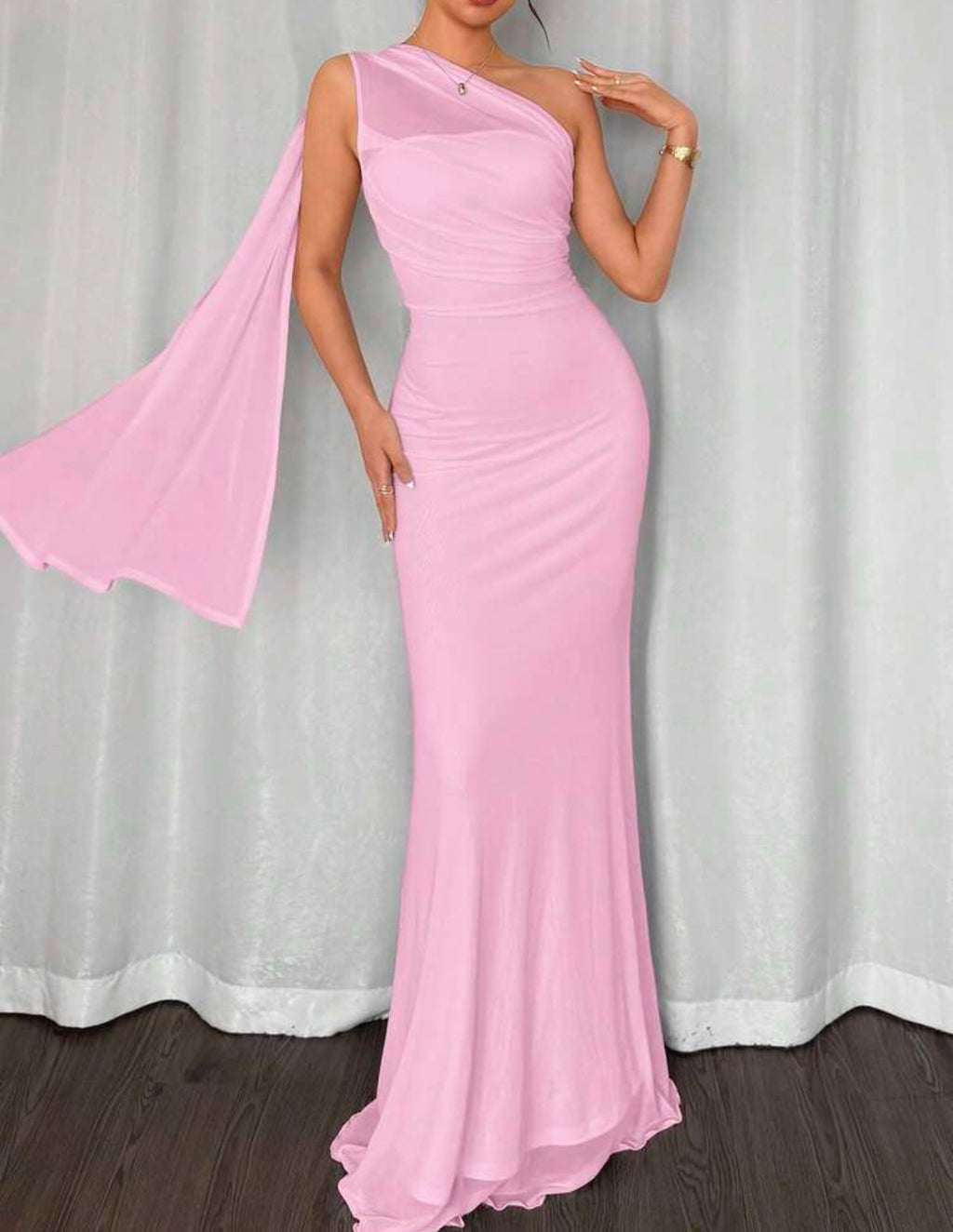 Rosé One-Shoulder Draped Gown