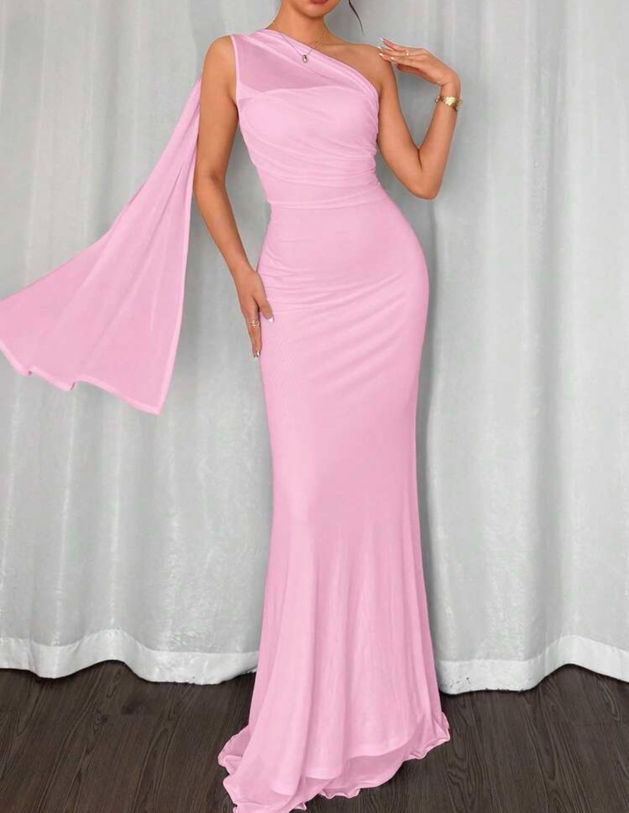 Rosé One-Shoulder Draped Gown