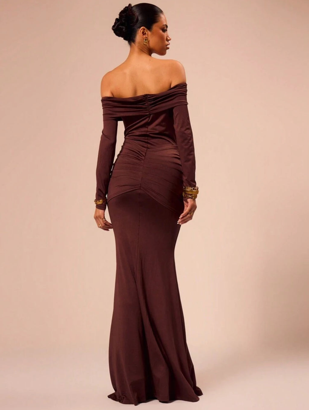Mocha Knot Detail Off-Shoulder Gown