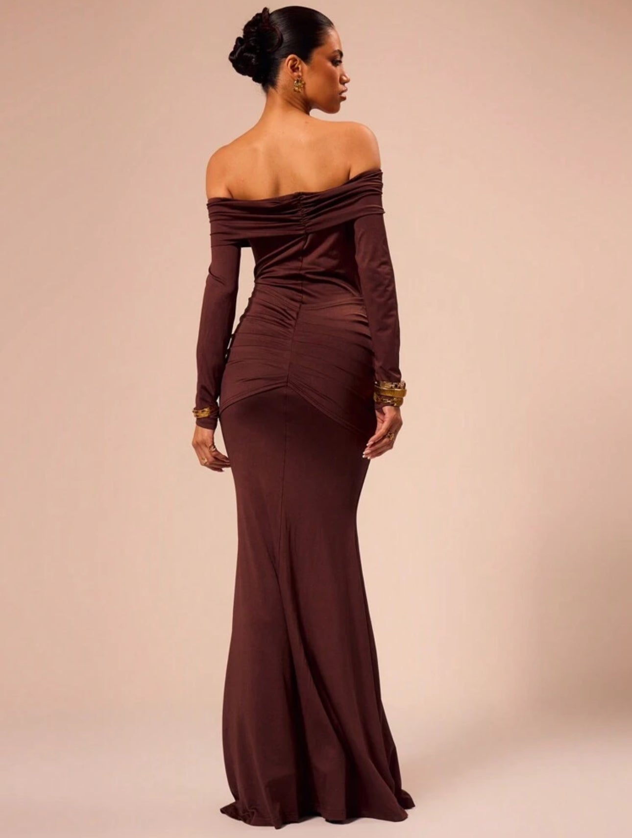 Mocha Knot Detail Off-Shoulder Gown