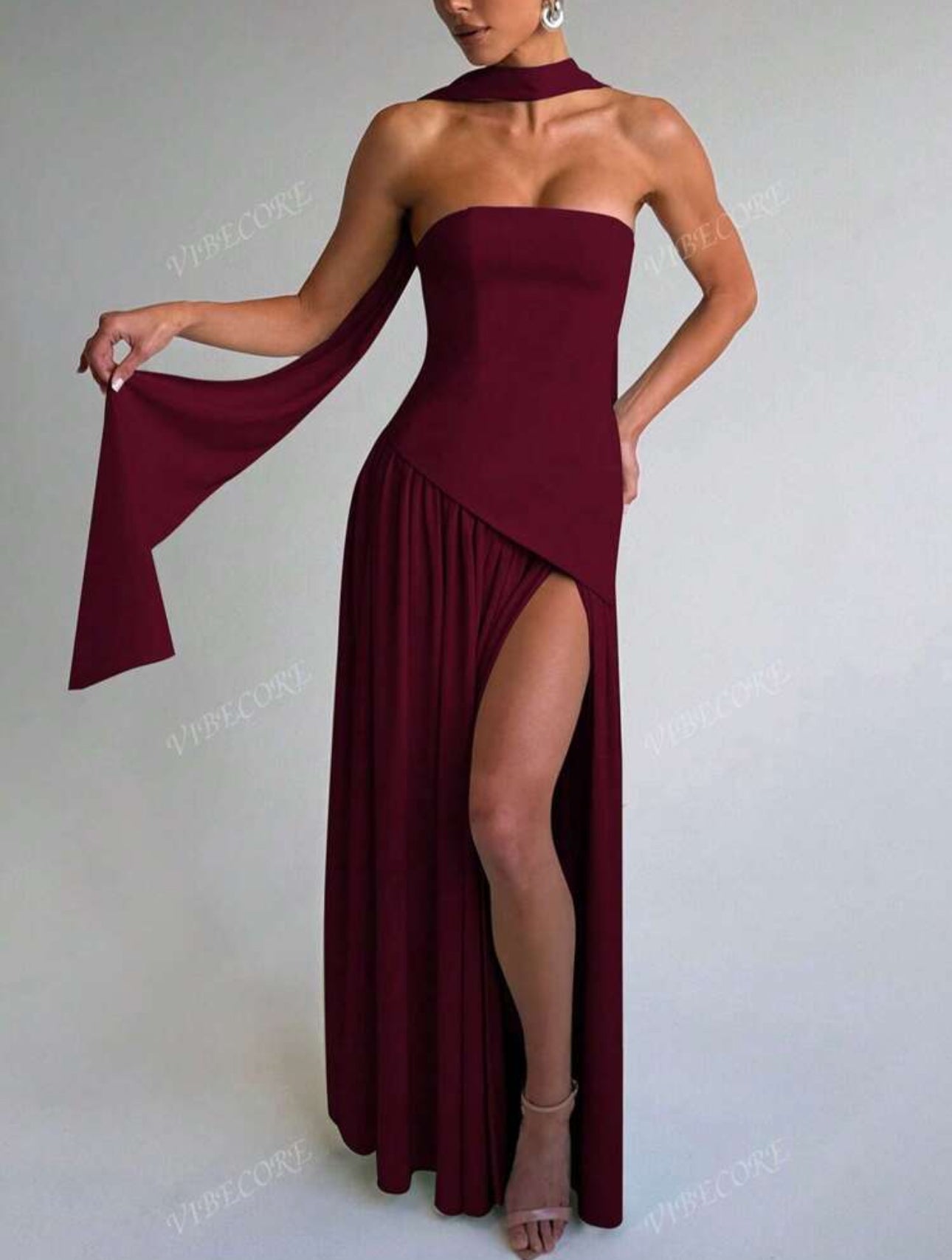 Wine Asymmetrical Scarf Gown