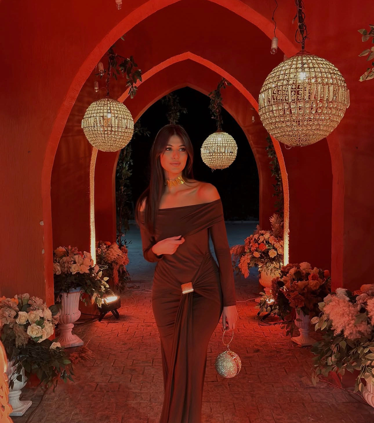 Mocha Knot Detail Off-Shoulder Gown