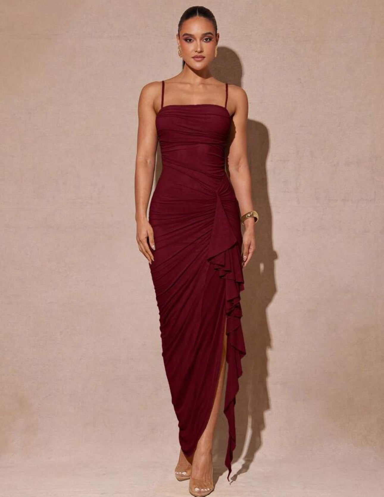 Crimson Ruffle Elegance Gown