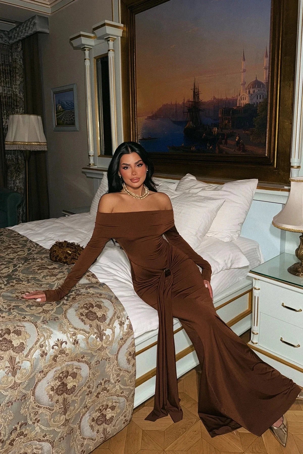 Mocha Knot Detail Off-Shoulder Gown