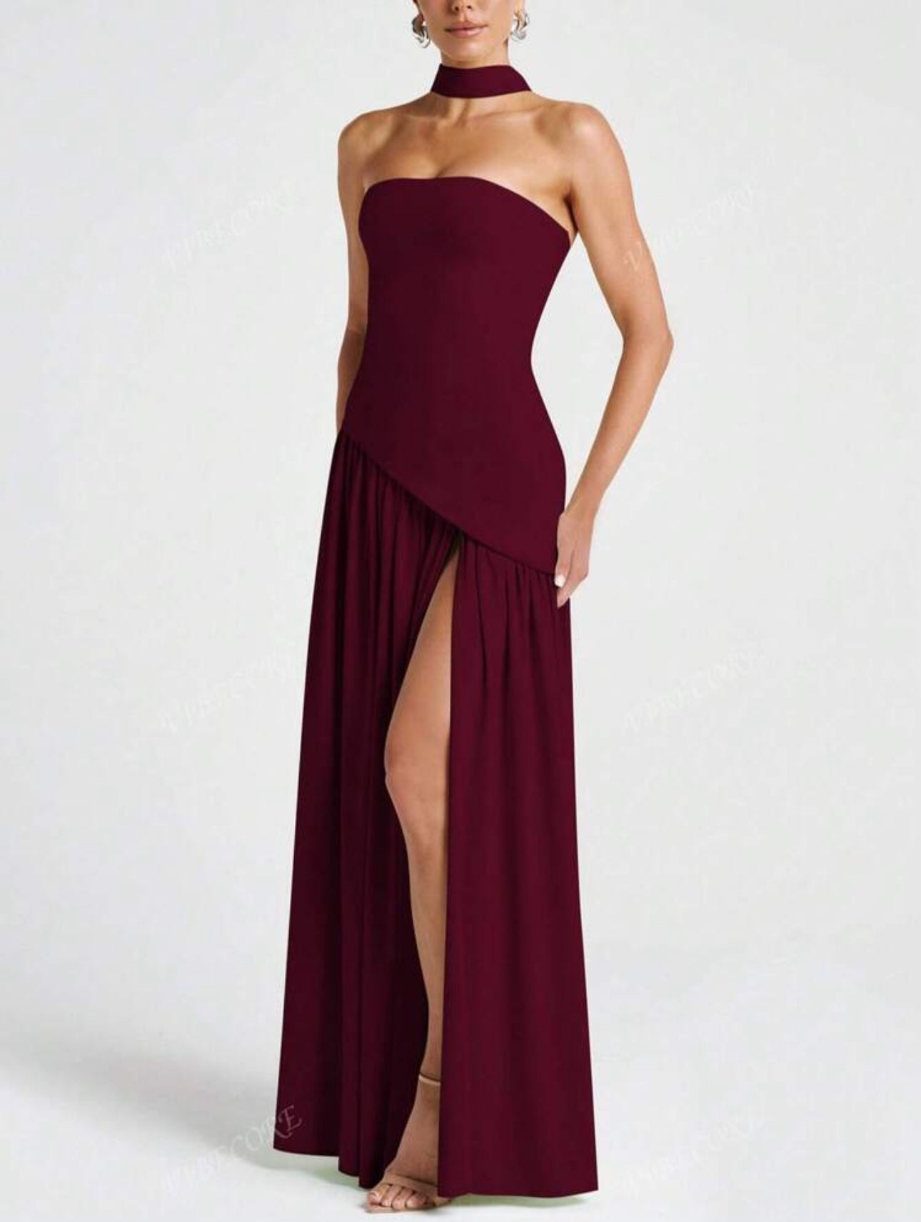 Wine Asymmetrical Scarf Gown