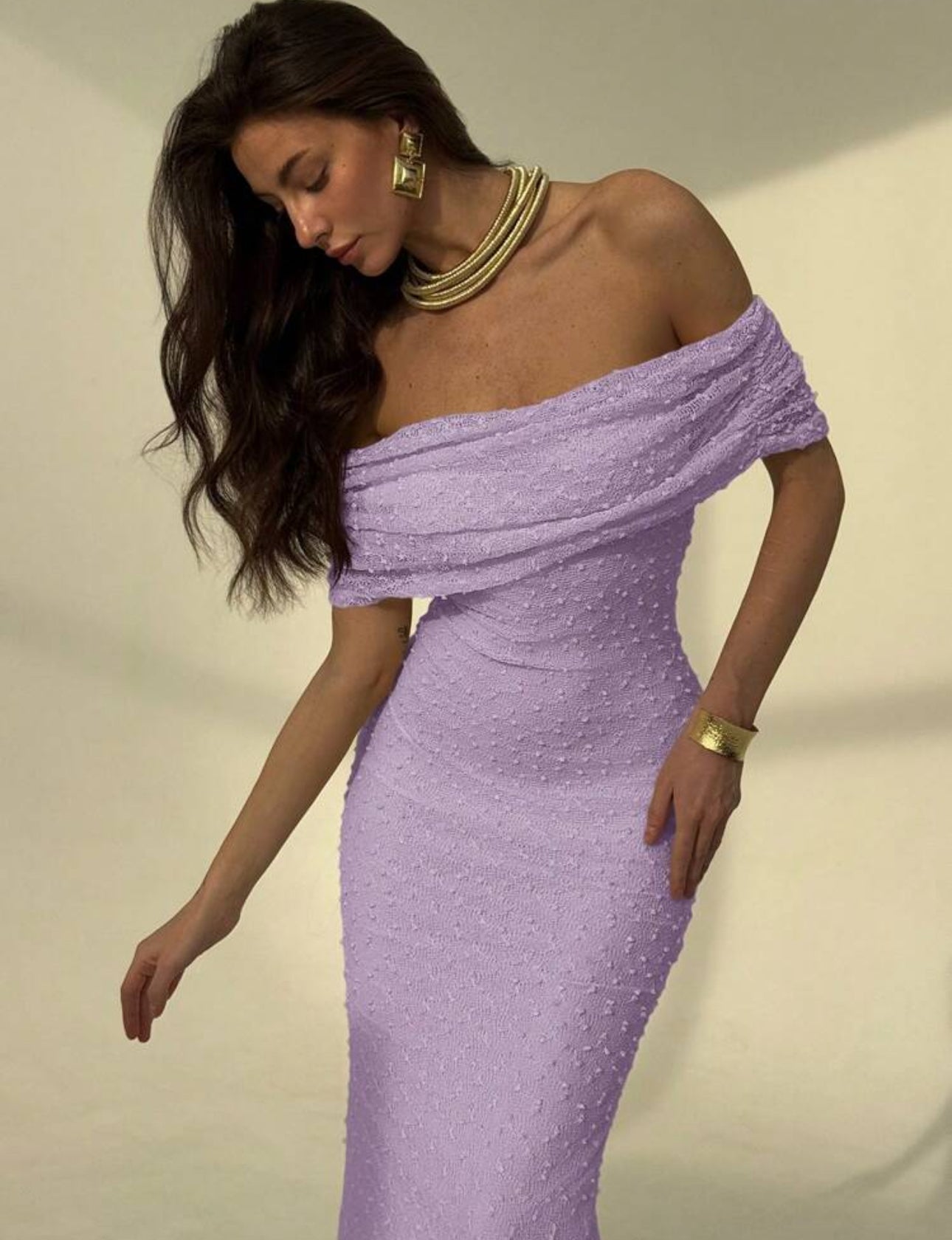 Lavender Pearl Off-Shoulder Gown