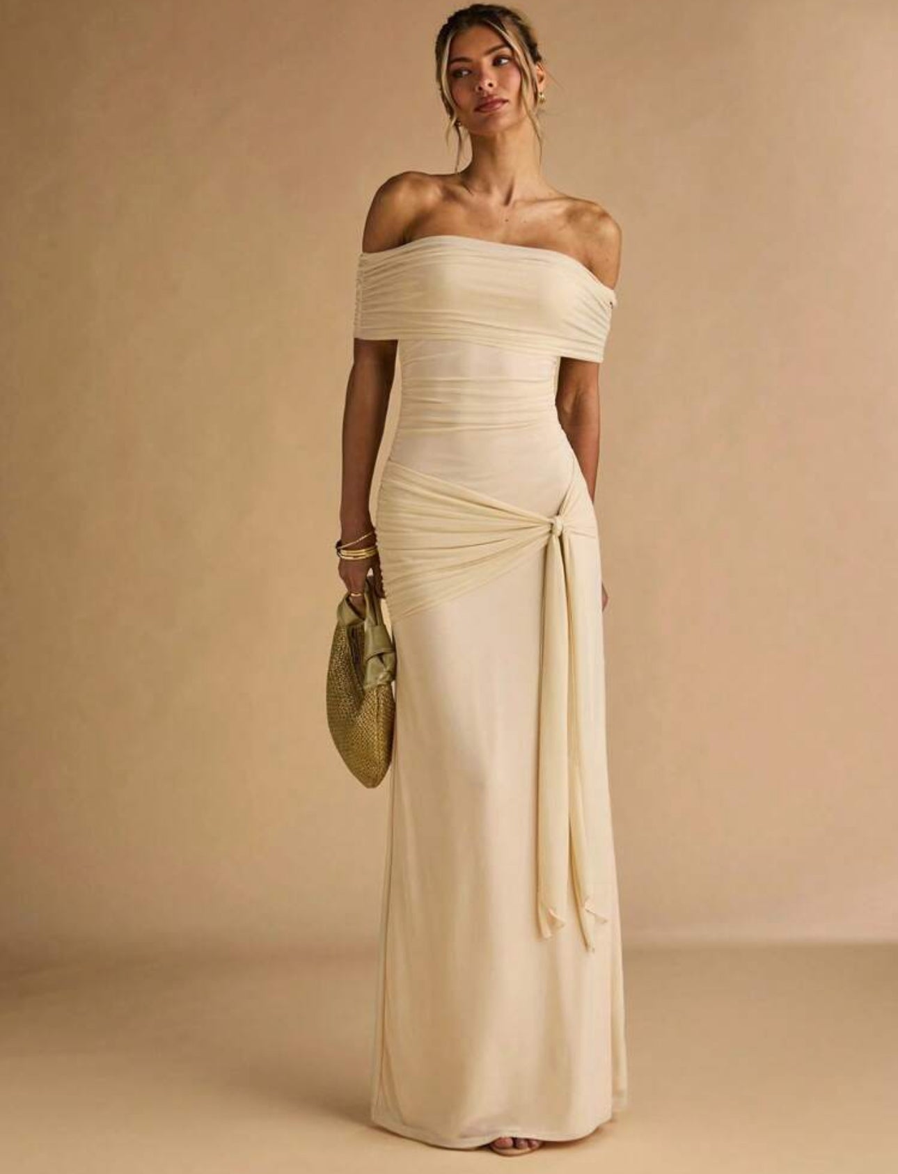 Champagne Draped Off-Shoulder Gown