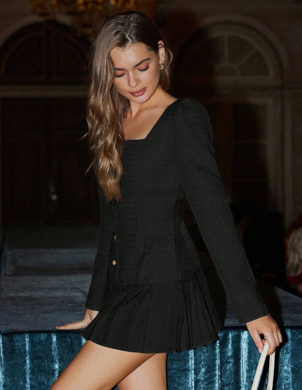 Noir Gold Button Pleat Mini